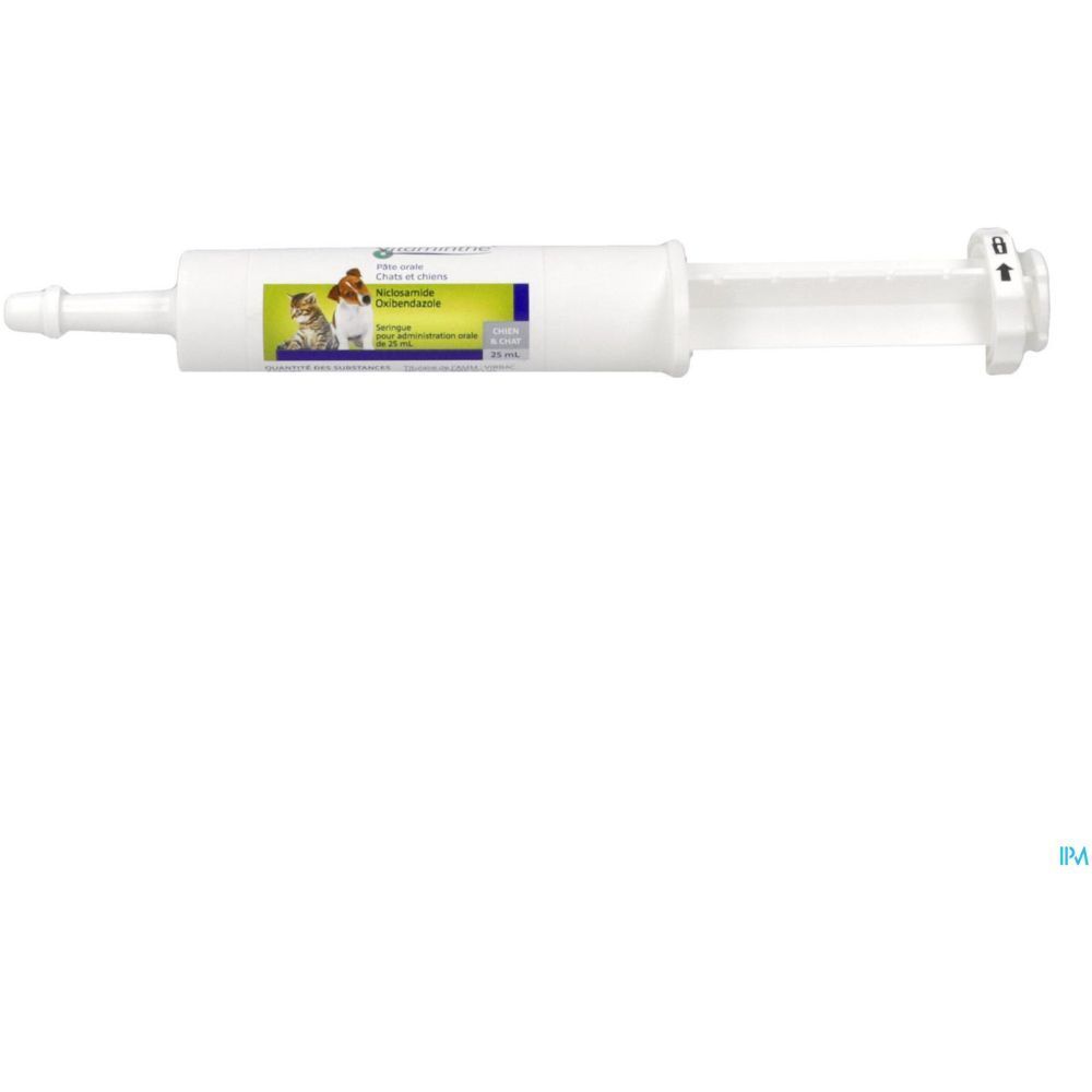 Seringue blanche de Virbac Vitaminthe® Pâte Orale. Inscriptions: chat, chien, 25 ml. Avec bague et embout.