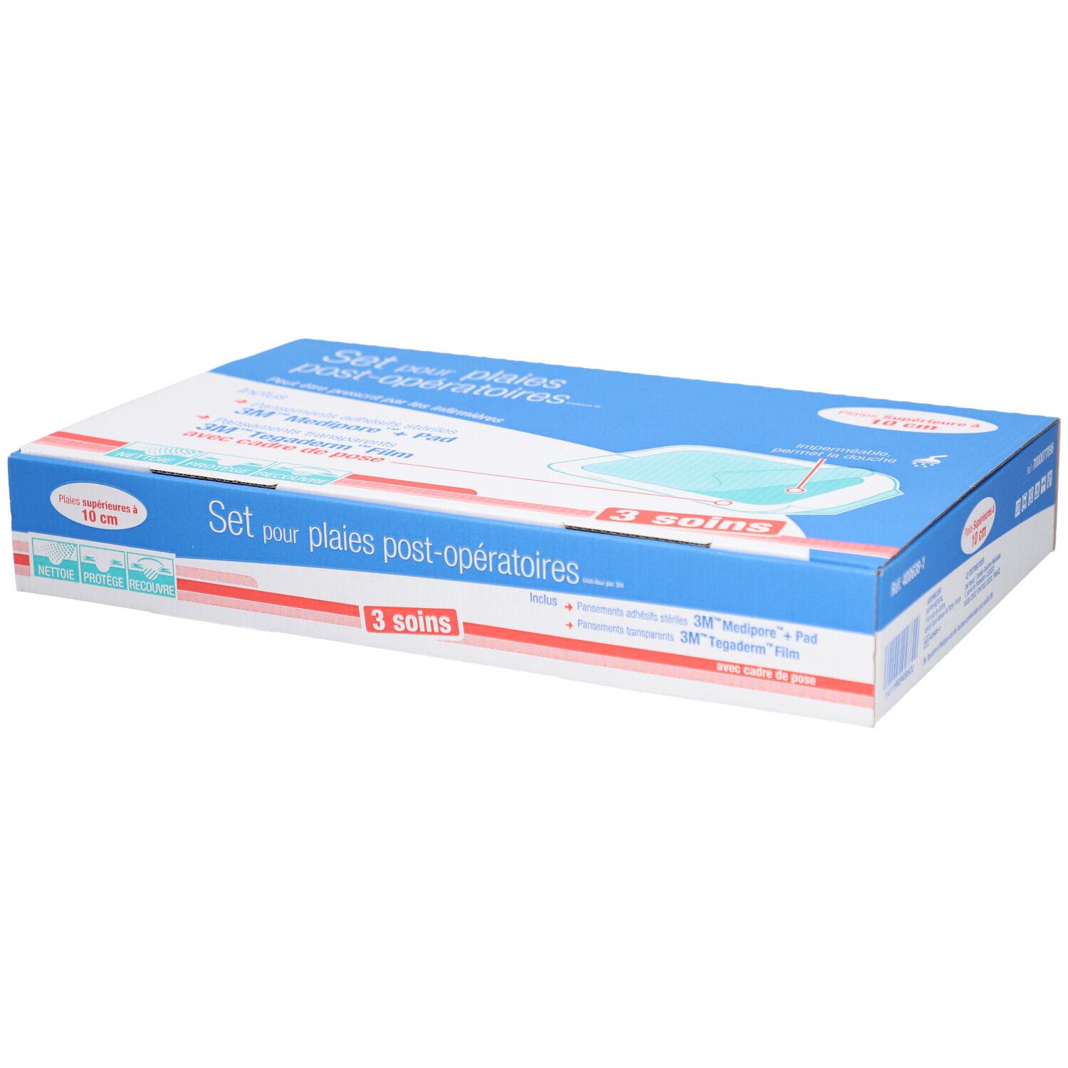 Boîte bleue et blanche avec nom du produit et 3 soins. Contient 3M Medipore Pad et film Tegaderm.
