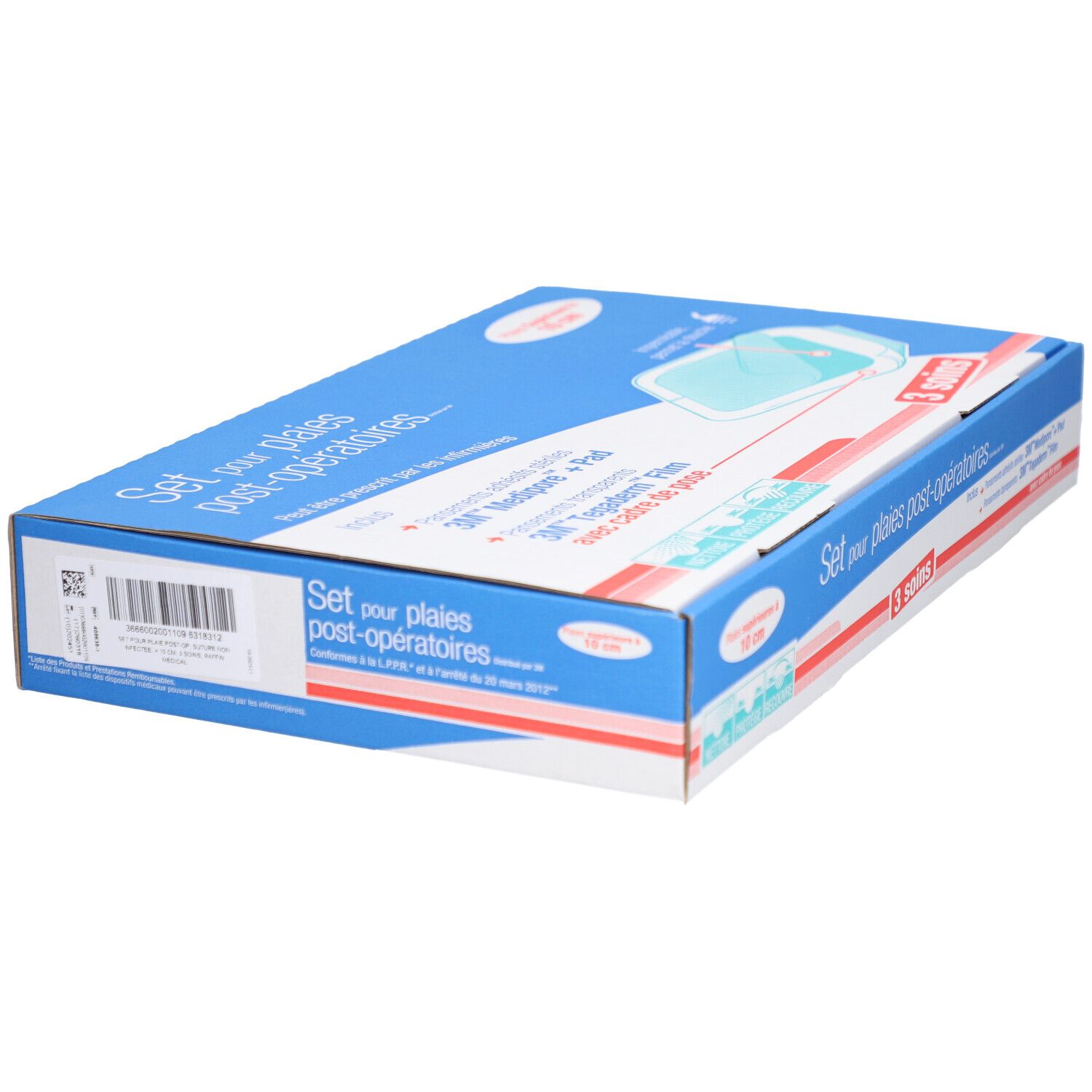 Boîte bleue et blanche avec nom du produit et 3 soins. Contient 3M Medipore Pad et film Tegaderm. Vue latérale.