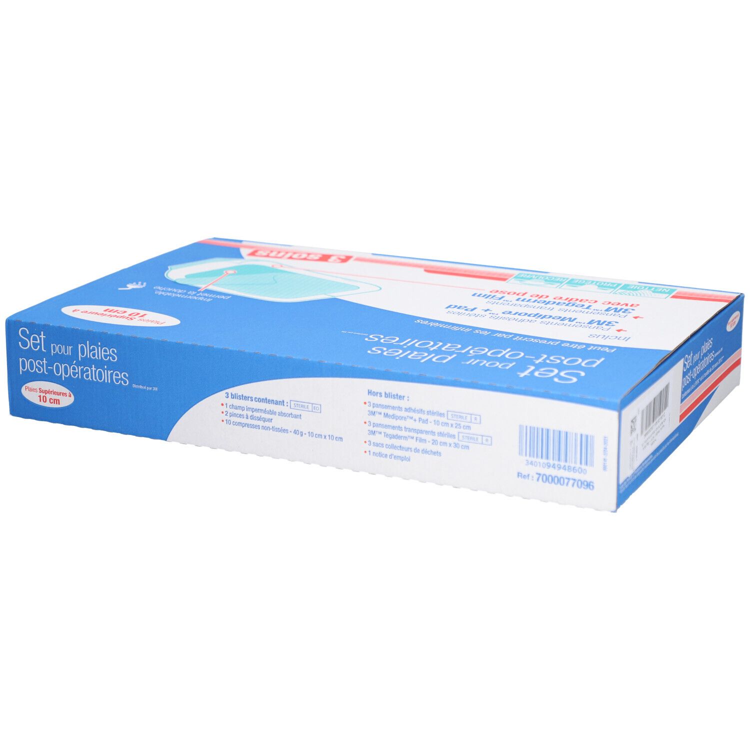 Boîte bleue et blanche avec nom du produit et 3 soins. Contient 3M Medipore Pad et film Tegaderm. Vue arrière.
