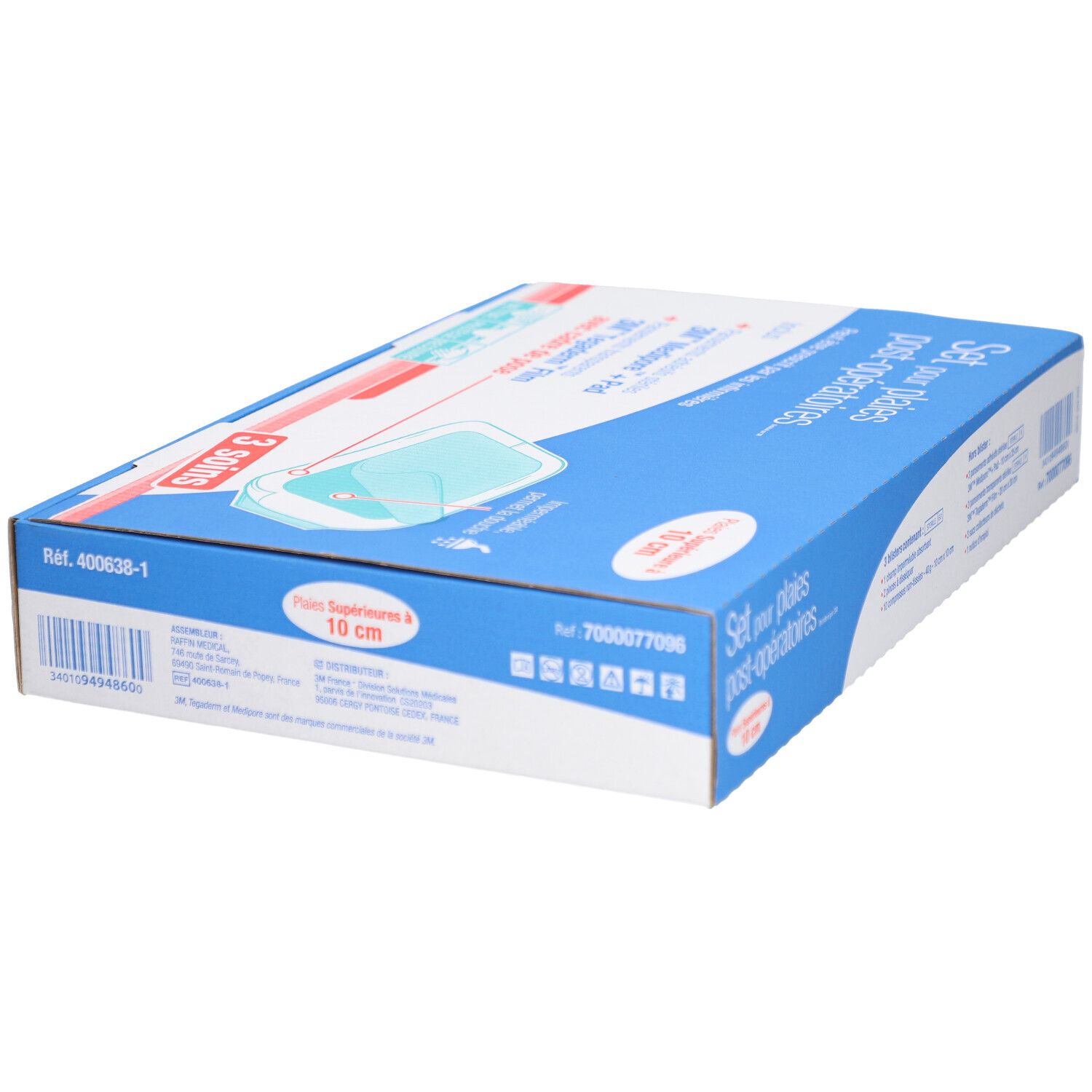 Boîte bleue et blanche avec nom du produit et 3 soins. Contient 3M Medipore Pad et film Tegaderm. Vue oblique.