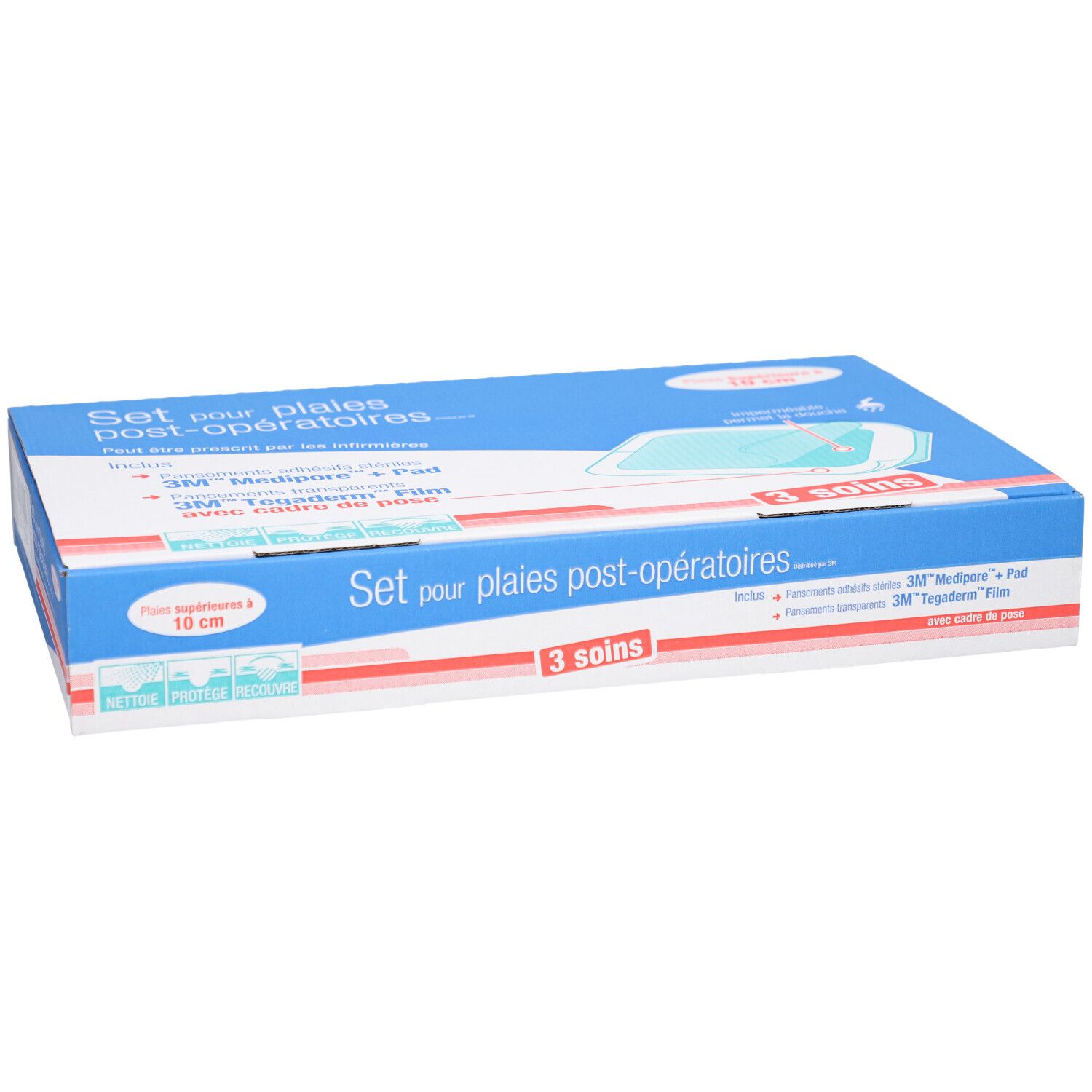 Boîte bleue et blanche avec nom du produit et 3 soins. Contient 3M Medipore Pad et film Tegaderm.