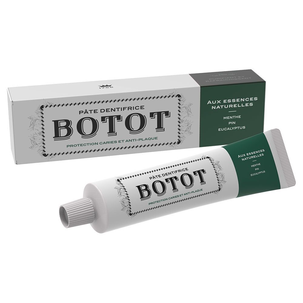 Tube et boîte de dentifrice. Inscription BOTOT, Pasta Dentifricia, protection contre les caries et la plaque. Emballage vert et blanc.