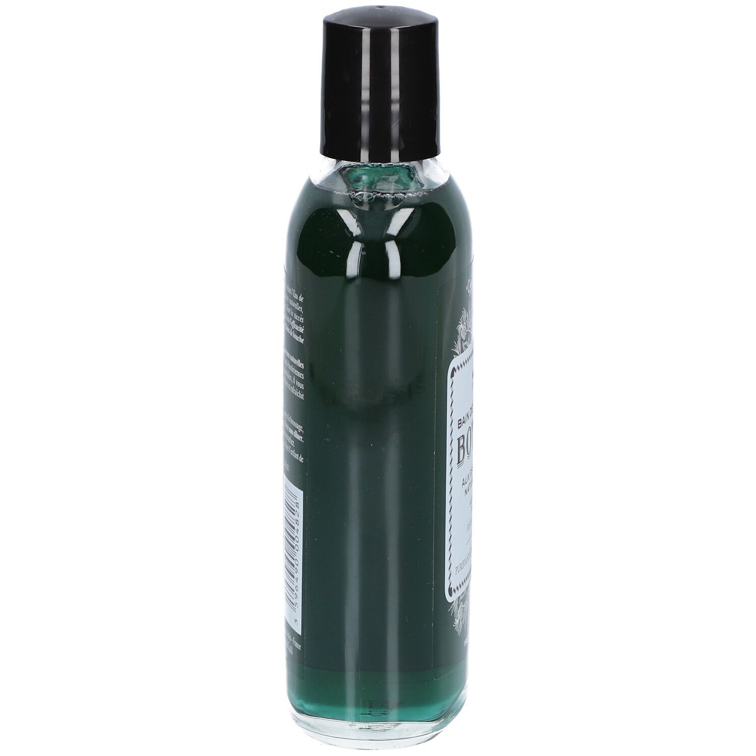 Flacon transparent contenant un liquide vert. Bouchon noir. Vue latérale avec étiquette.