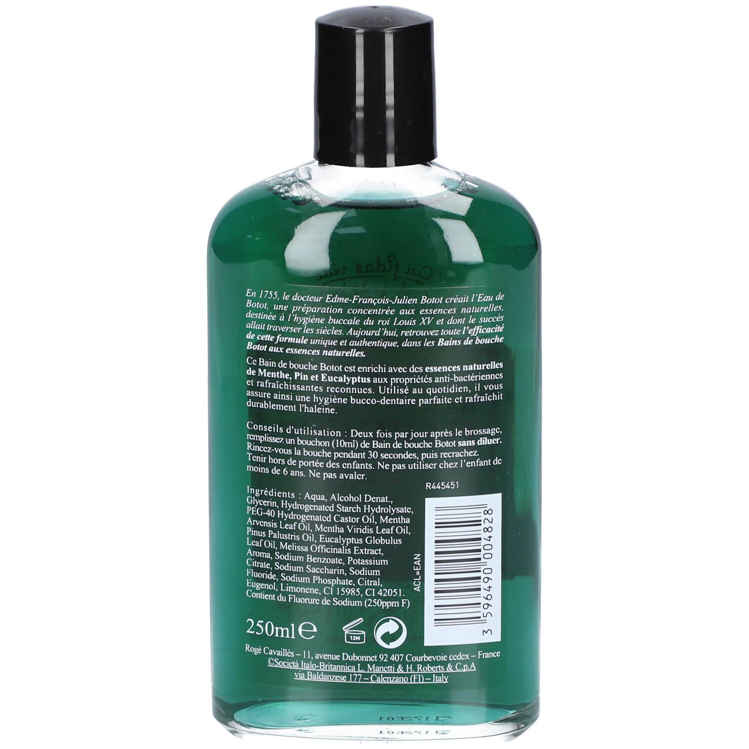 Dos du flacon avec liquide vert. Texte avec ingrédients et conseils d'utilisation. Bouchon noir.