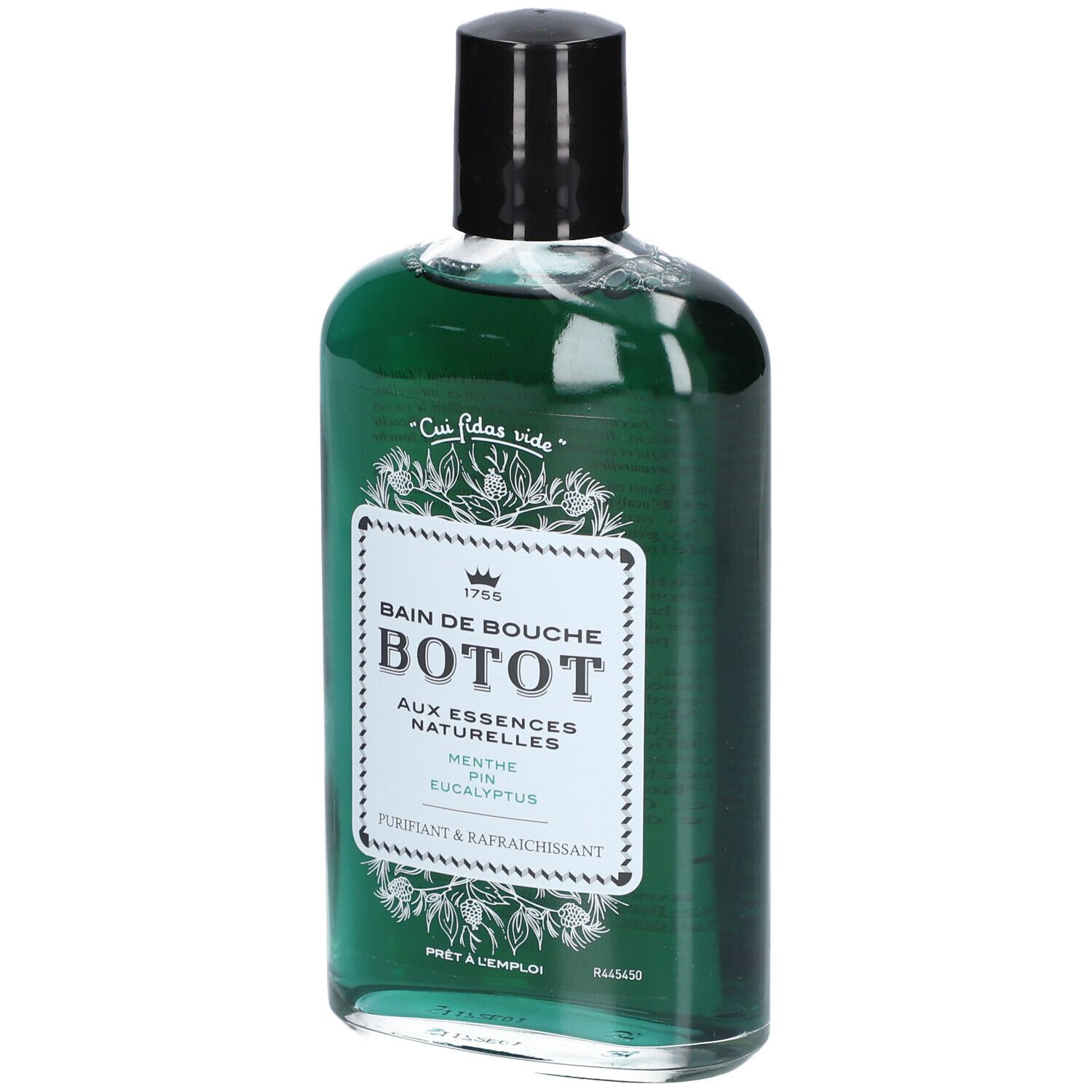 Bain de bouche vert en flacon transparent. Étiquette blanche avec nom du produit et ingrédients. Bouchon noir.