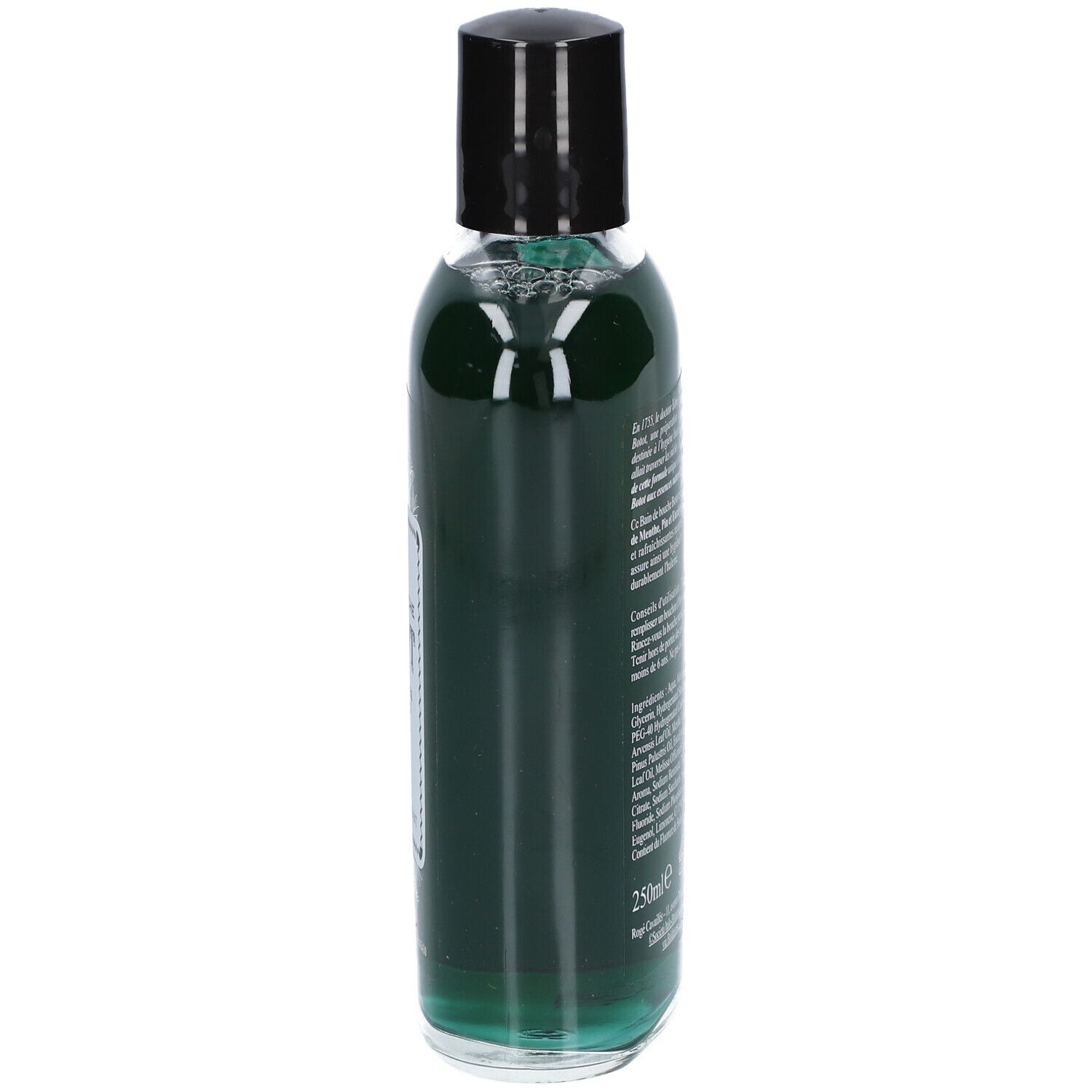 Flacon transparent contenant un liquide vert. Bouchon noir. Vue latérale avec étiquette.