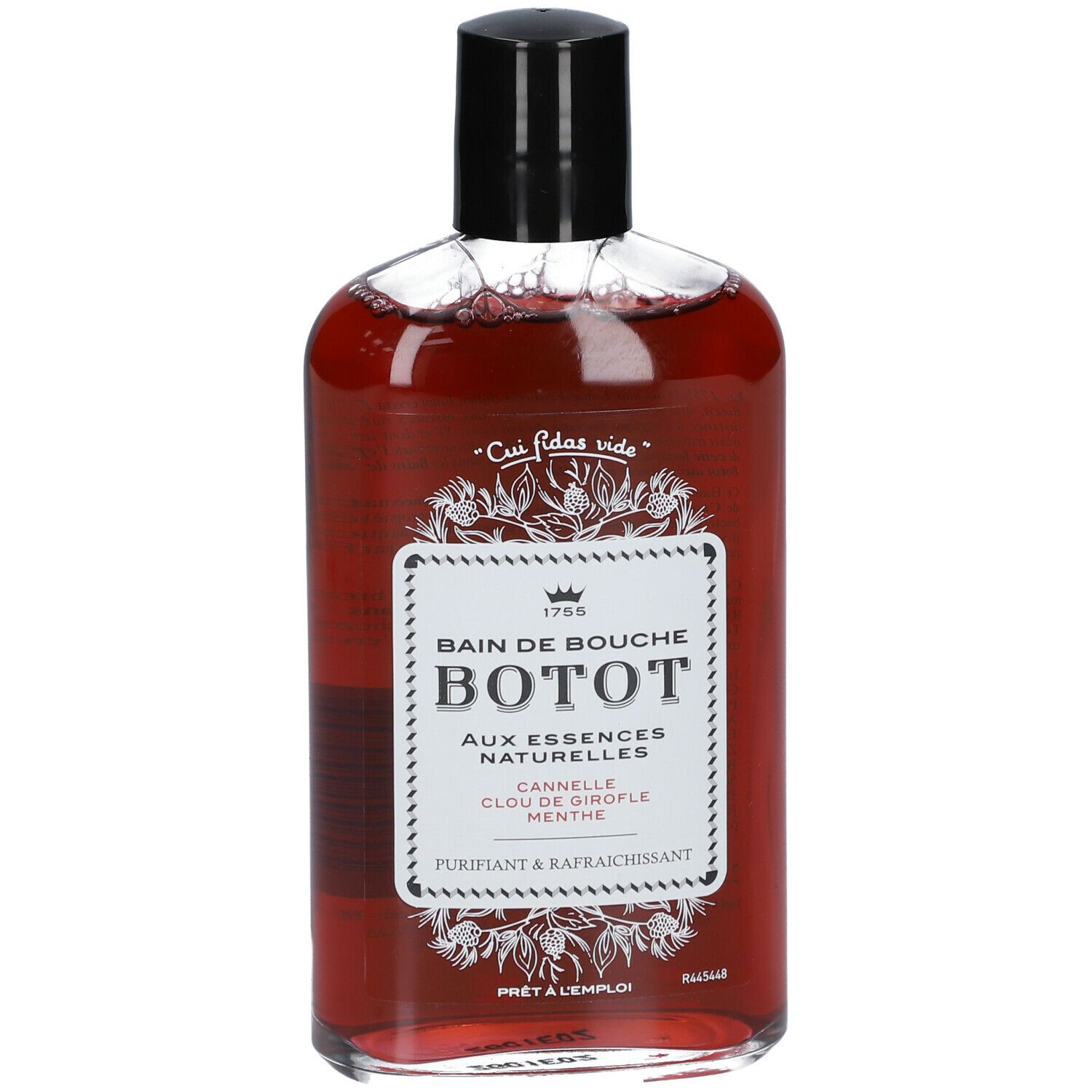 Bain de Bouche BOTOT. Flacon avec liquide rouge, bouchon noir et étiquette blanche. Inscription : Bain de Bouche.