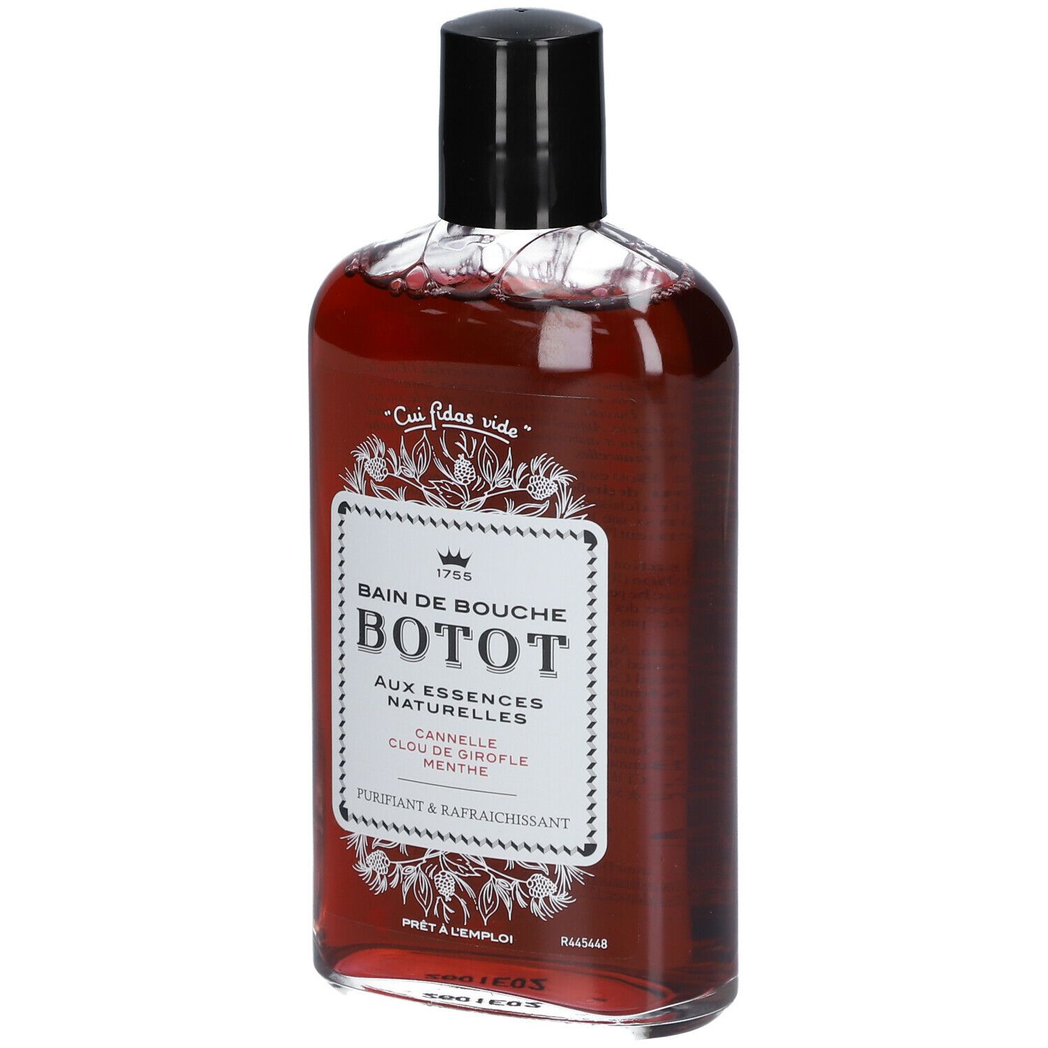 Bain de Bouche BOTOT. Flacon avec liquide rouge, bouchon noir et étiquette blanche. Inscription : Bain de Bouche.