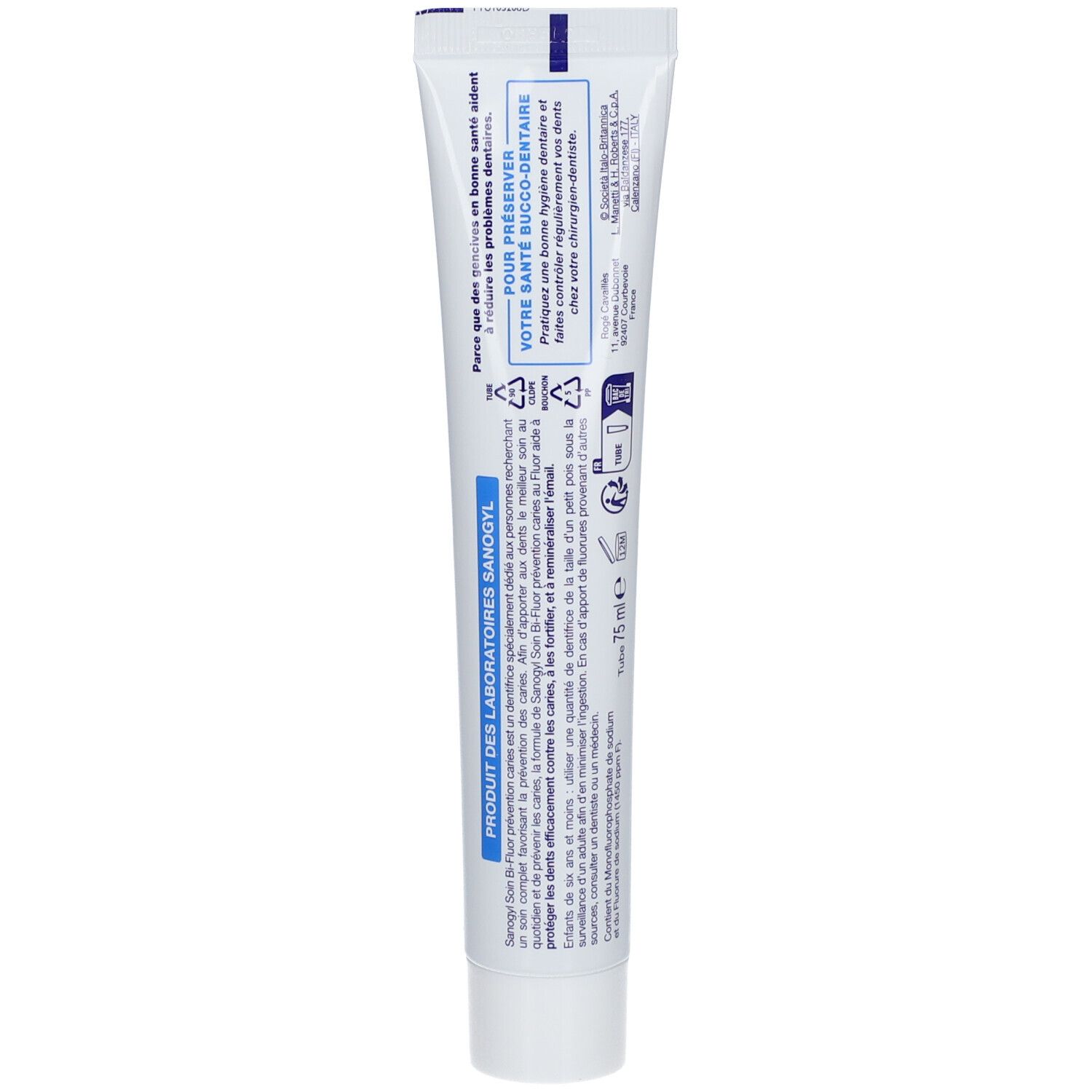 Dos du tube de dentifrice. Texte multilingue. Informations d'utilisation et ingrédients.
