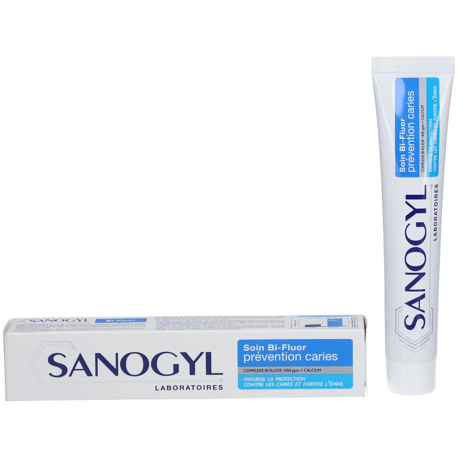 Tube et boîte de dentifrice. Blanc et bleu. Inscription: Sanogyl, Bi-Fluor, prévention caries.