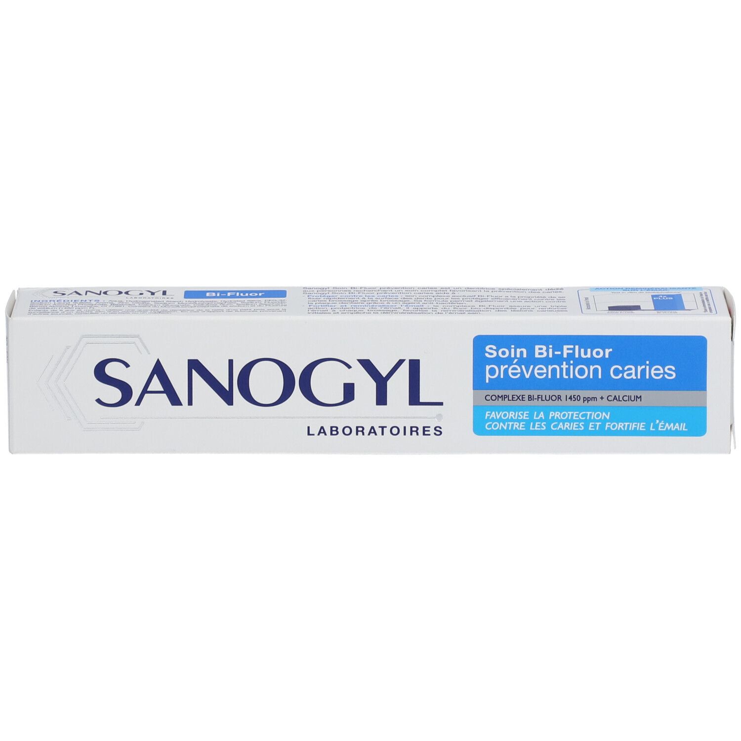 Boîte de dentifrice, blanche et bleue. Inscription: Sanogyl, Bi-Fluor, prévention caries.