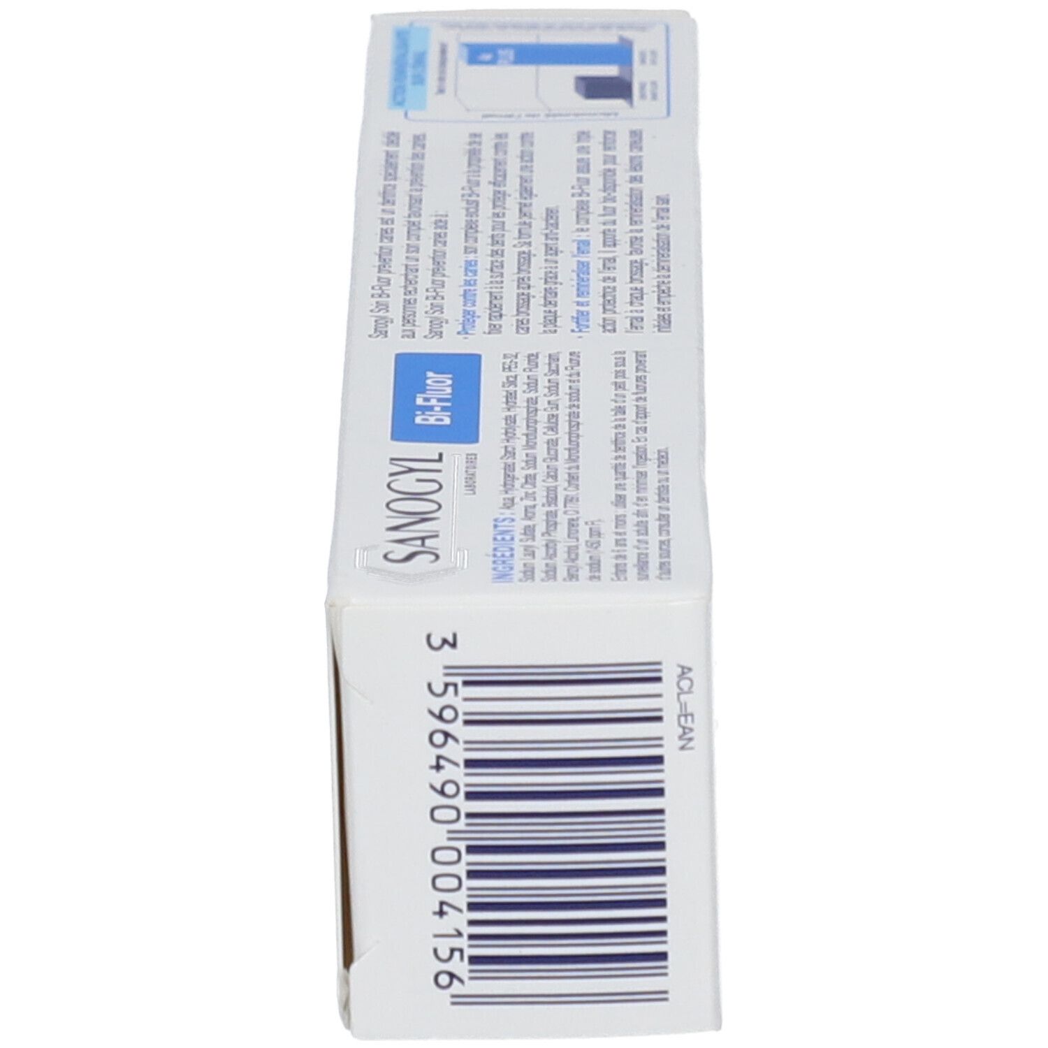 Côté de la boîte de dentifrice. Inscription: Sanogyl, Bi-Fluor. Code-barres et autres informations.