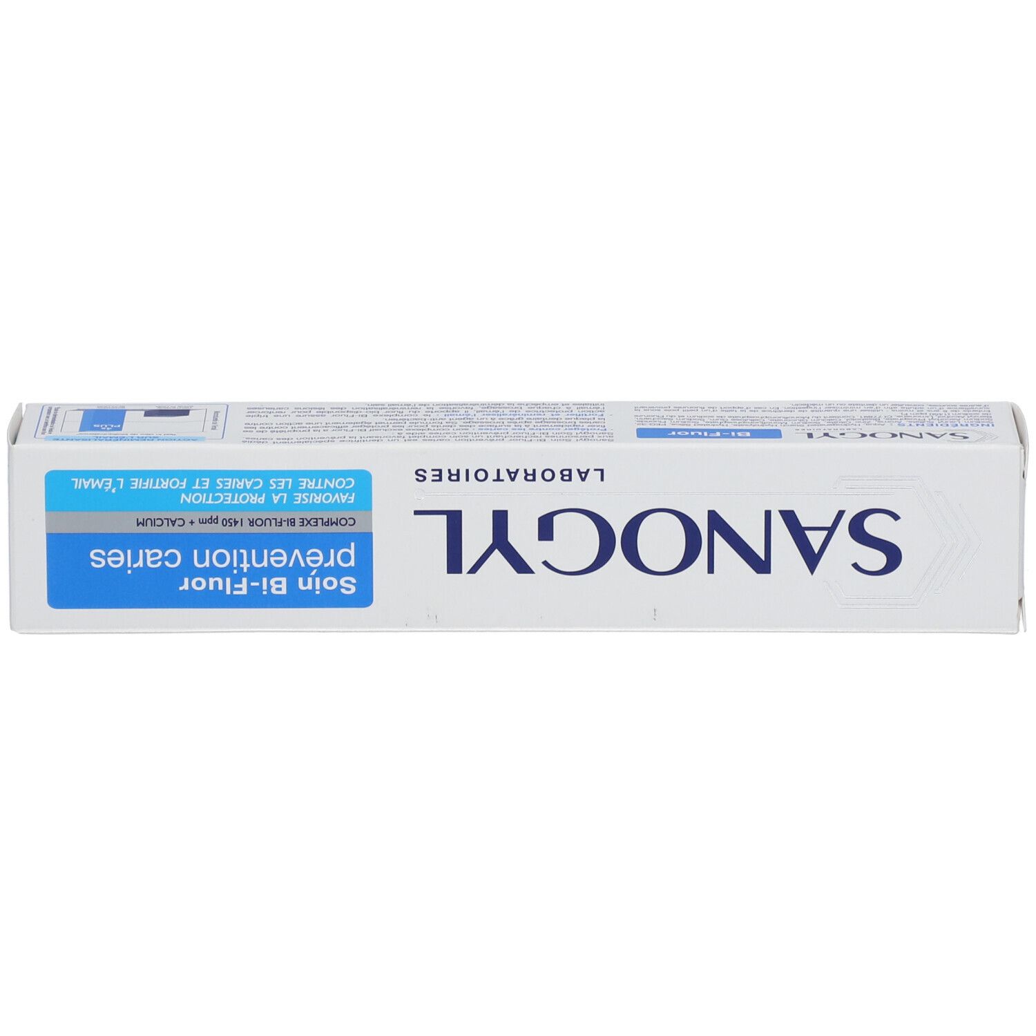 Dessus de la boîte de dentifrice. Inscription: Sanogyl, Bi-Fluor, prévention caries.