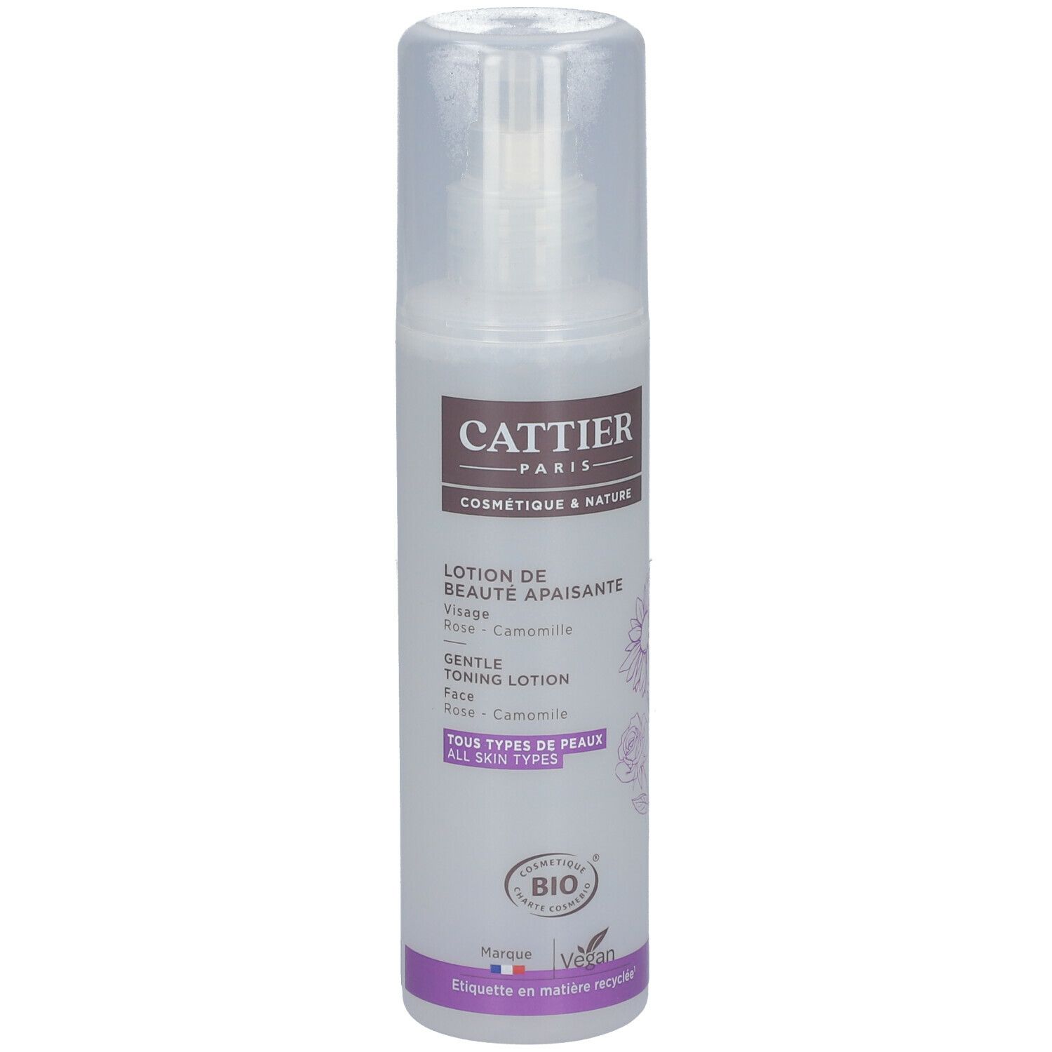 Gesichtswasser-Flasche mit Sprühkopf. Aufschrift CATTIER PARIS. Enthält Rose und Kamille. Für alle Hauttypen.