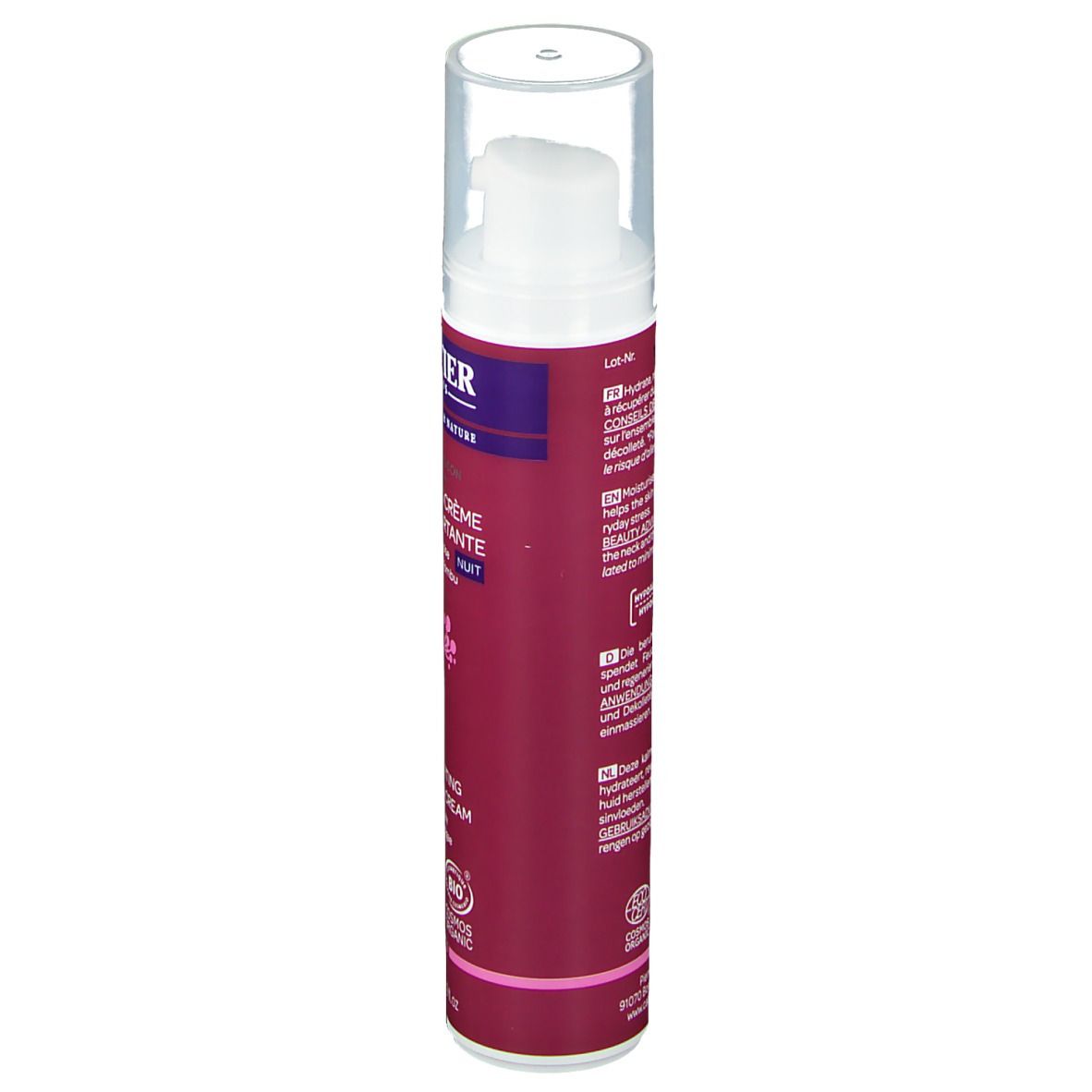 Dos de la crème de nuit Cattier. Flacon rose avec texte. Texte: Sleeping Crème Réconfortante, certification bio, ingrédients.