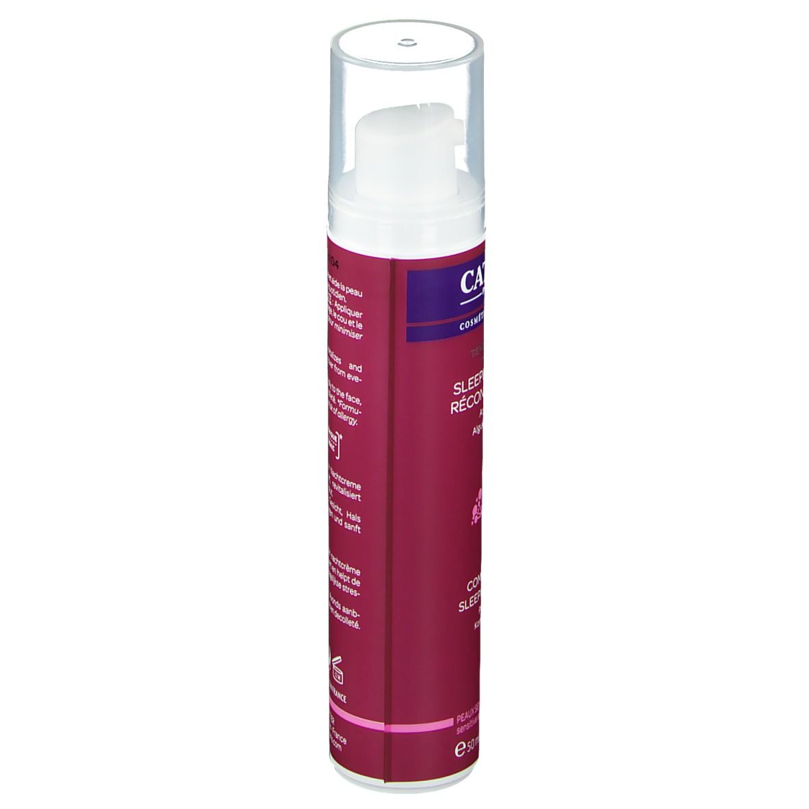 Côté de la crème de nuit Cattier. Flacon rose avec texte. Texte: Sleeping Crème Réconfortante, certification bio, ingrédients.