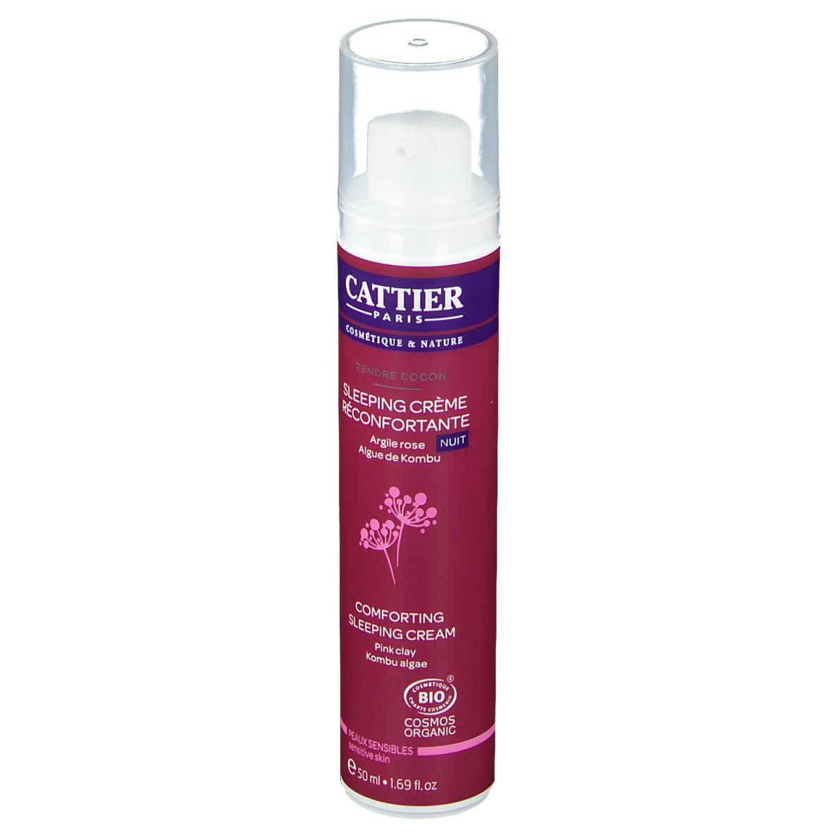 Cattier Crème de nuit. Flacon rose avec pompe et bouchon transparent. Texte: Sleeping Crème Réconfortante, certification bio.