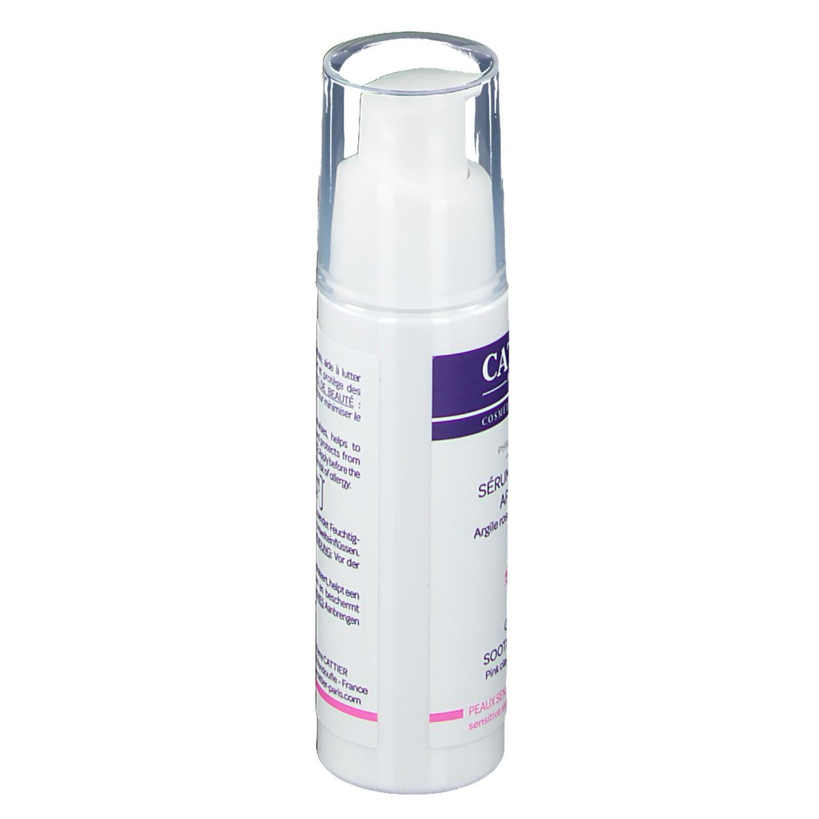 Rückseite der weißen Flasche mit Text. Aufschrift: Sérum douceur apaisant, Defensil®-Plus. Text in mehreren Sprachen.
