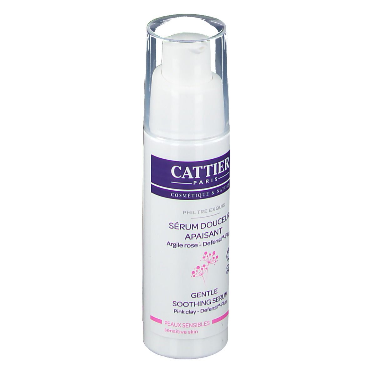 Weiße Flasche mit Pumpkopf. Lila Etikett mit Text. Aufschrift: Cattier Paris, Sérum douceur apaisant, Defensil®-Plus.