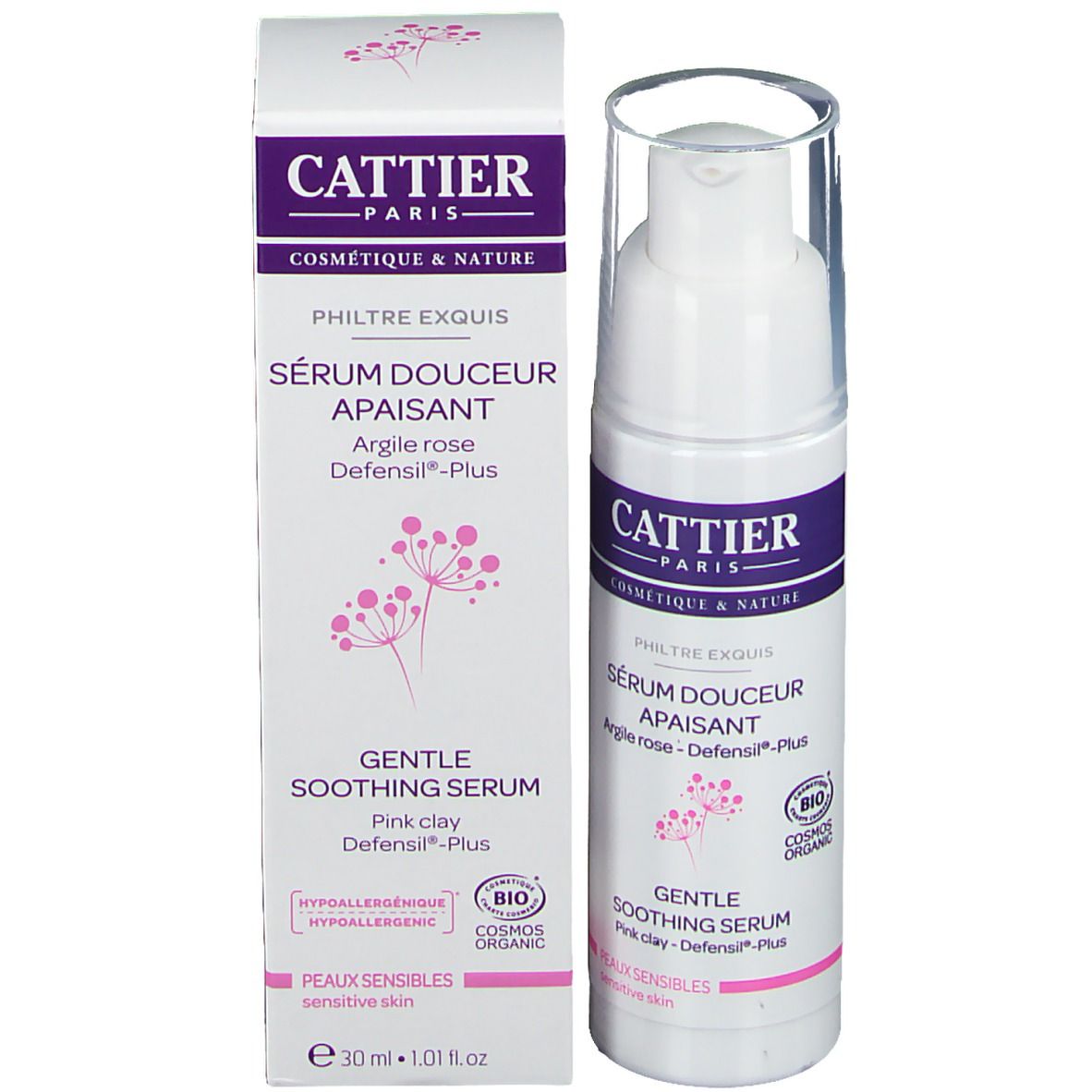 Produkt und Verpackung. Weiße Flasche mit Pumpkopf und Karton. Aufschrift: Cattier Paris, Sérum douceur apaisant, Defensil®-Plus.