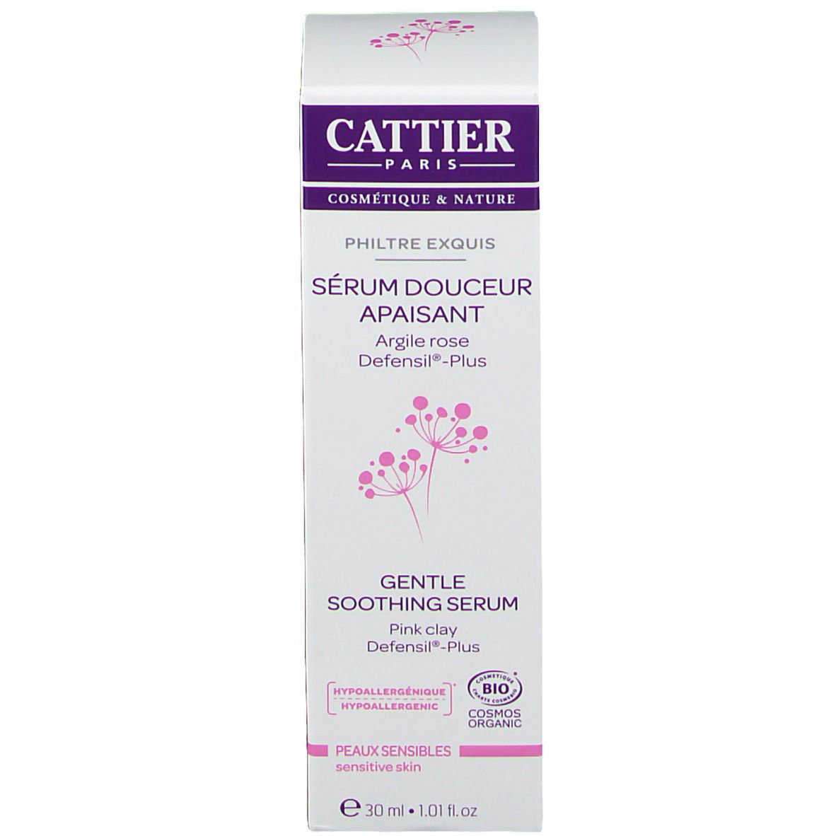 Kartonverpackung. Aufschrift: Cattier Paris, Sérum douceur apaisant, Defensil®-Plus. Mit Logo und Text.