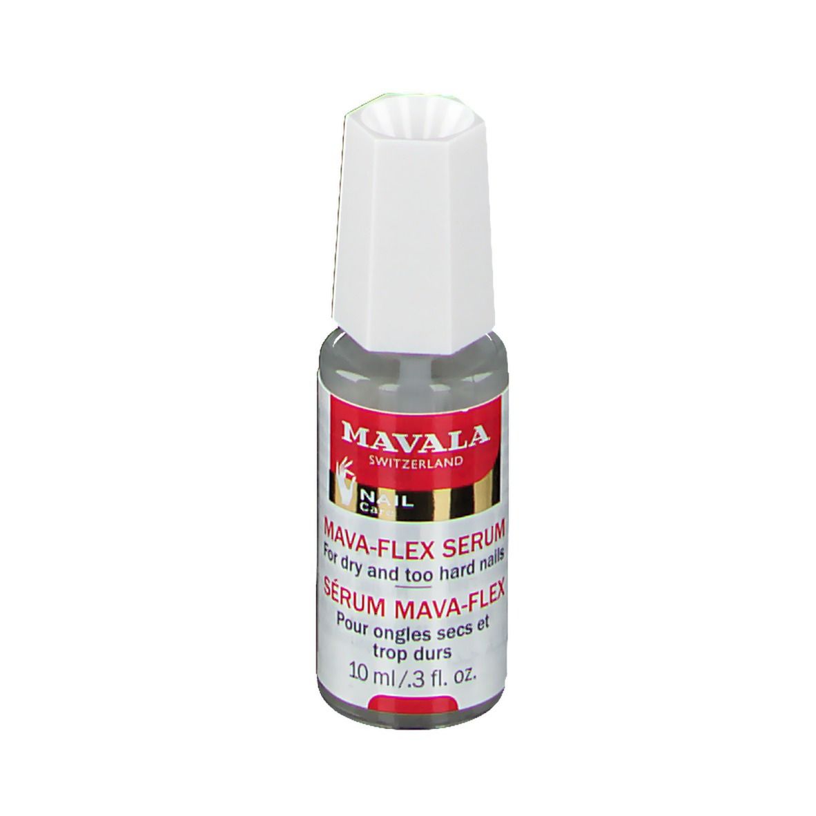 Flacon de sérum Mavala Mava-Flex. Bouchon blanc, flacon transparent avec étiquette rouge. Texte : MAVA-FLEX SERUM.