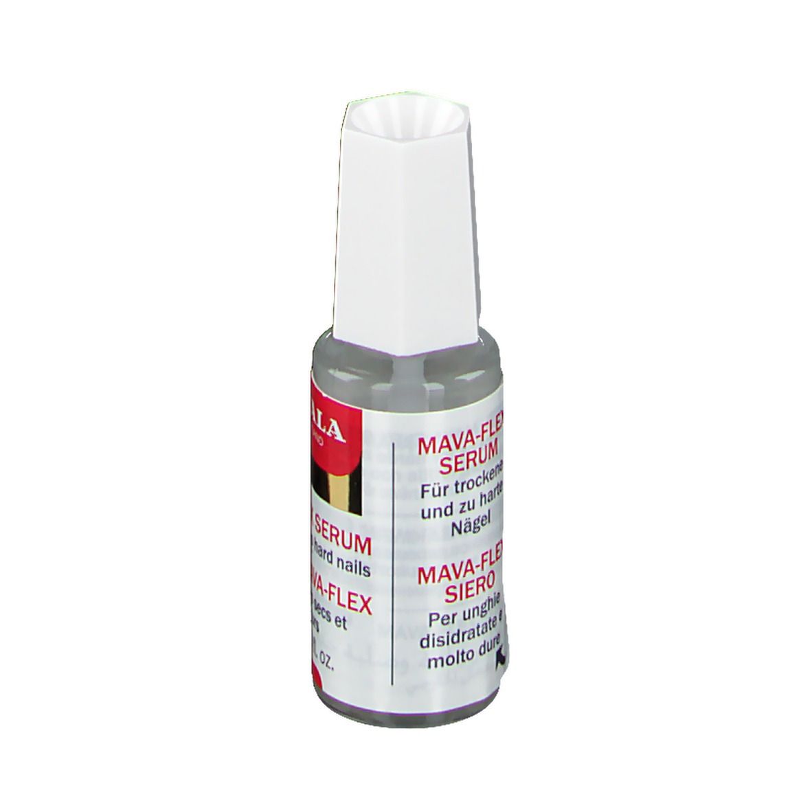Flacon de sérum Mavala Mava-Flex. Bouchon blanc, flacon transparent avec étiquette rouge. Texte : MAVA-FLEX SERUM.