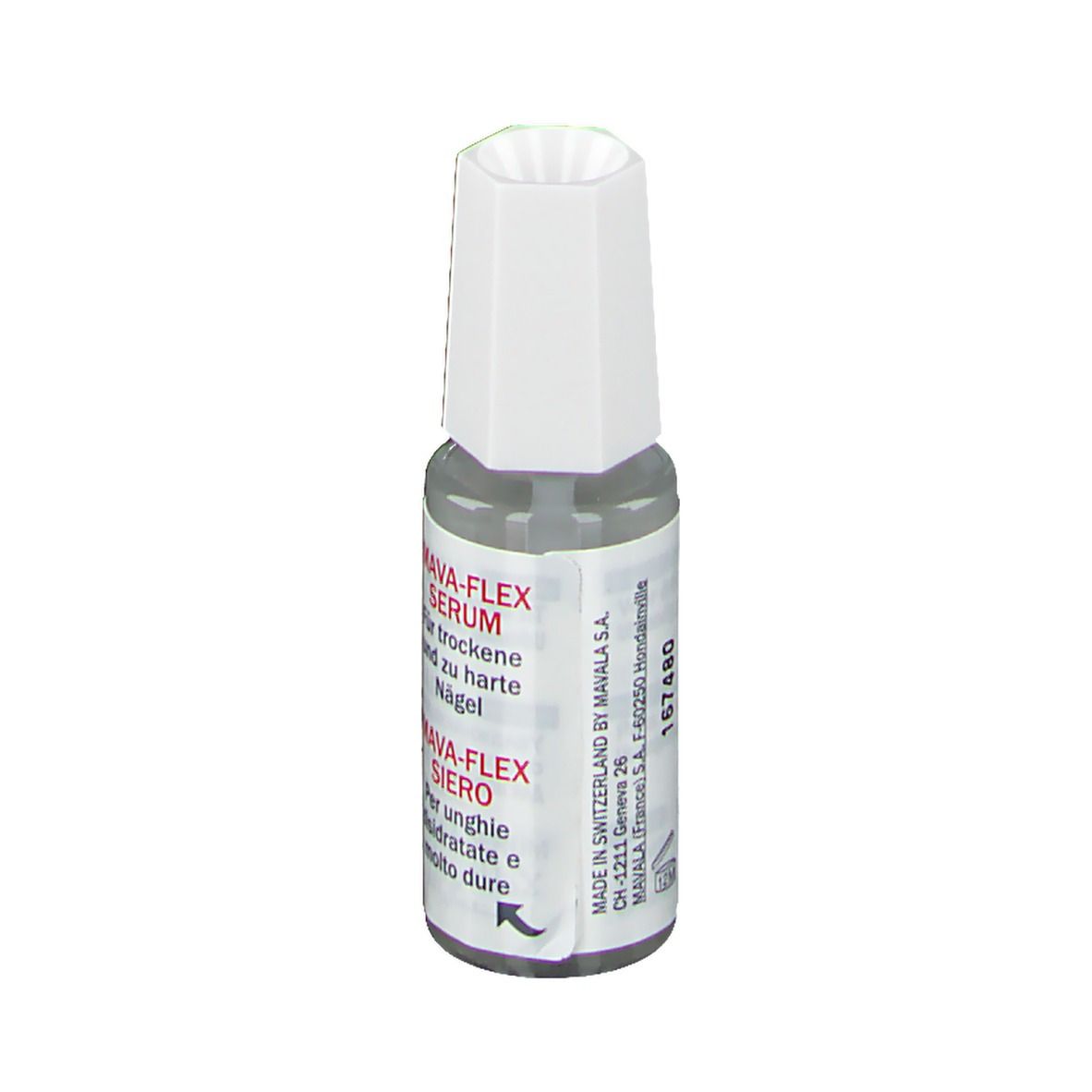 Flacon de sérum Mavala Mava-Flex. Bouchon blanc, flacon transparent avec étiquette rouge. Texte : MAVA-FLEX SERUM.