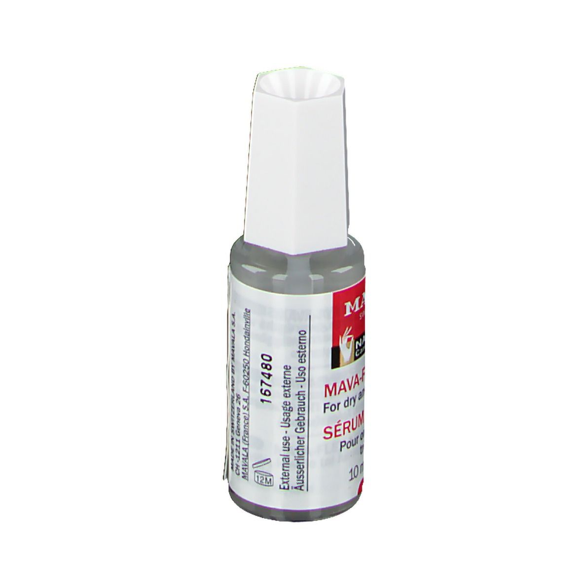 Flacon de sérum Mavala Mava-Flex. Bouchon blanc, flacon transparent avec étiquette rouge. Texte : MAVA-FLEX SERUM.