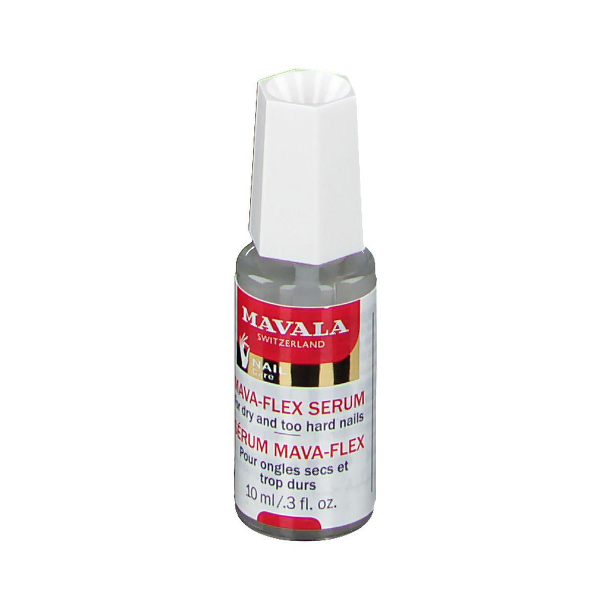 Flacon de sérum Mavala Mava-Flex. Bouchon blanc, flacon transparent avec étiquette rouge. Texte : MAVA-FLEX SERUM.
