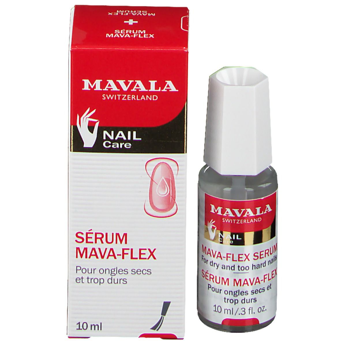 Flacon et emballage de sérum Mavala Mava-Flex. Emballage rouge, flacon avec bouchon blanc. Texte : MAVA-FLEX SERUM.