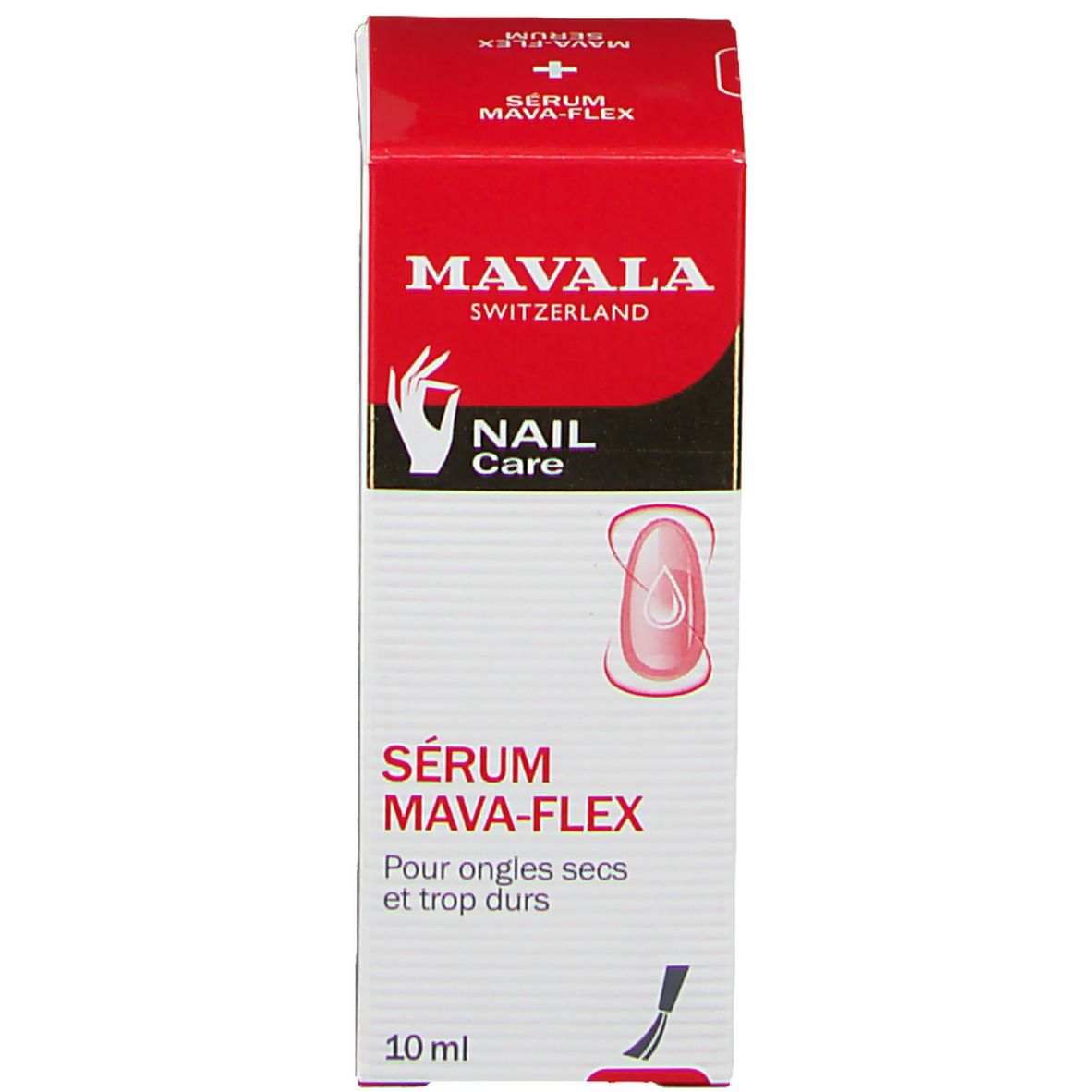 Emballage de sérum Mavala Mava-Flex. Emballage rouge. Texte : SÉRUM MAVA-FLEX, 10 ml.