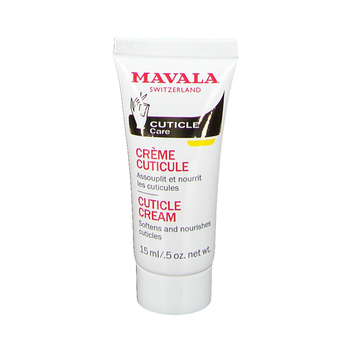 Weisse Tube mit roter Schrift: Mavala Cuticle Care. Creme für Nagelhaut. 15 ml.