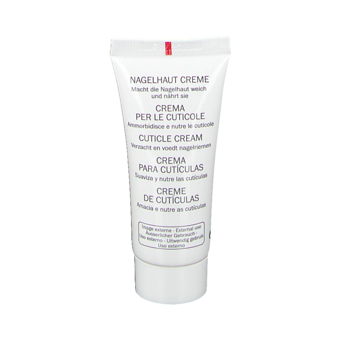 Weisse Tube mit roter Schrift: Nagelhaut Creme. Mehrsprachige Texte. Externe Anwendung.