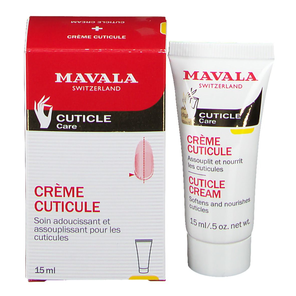 Mavala Cuticle Care Creme und Verpackung. Rote Schachtel, weisse Tube. 15 ml.