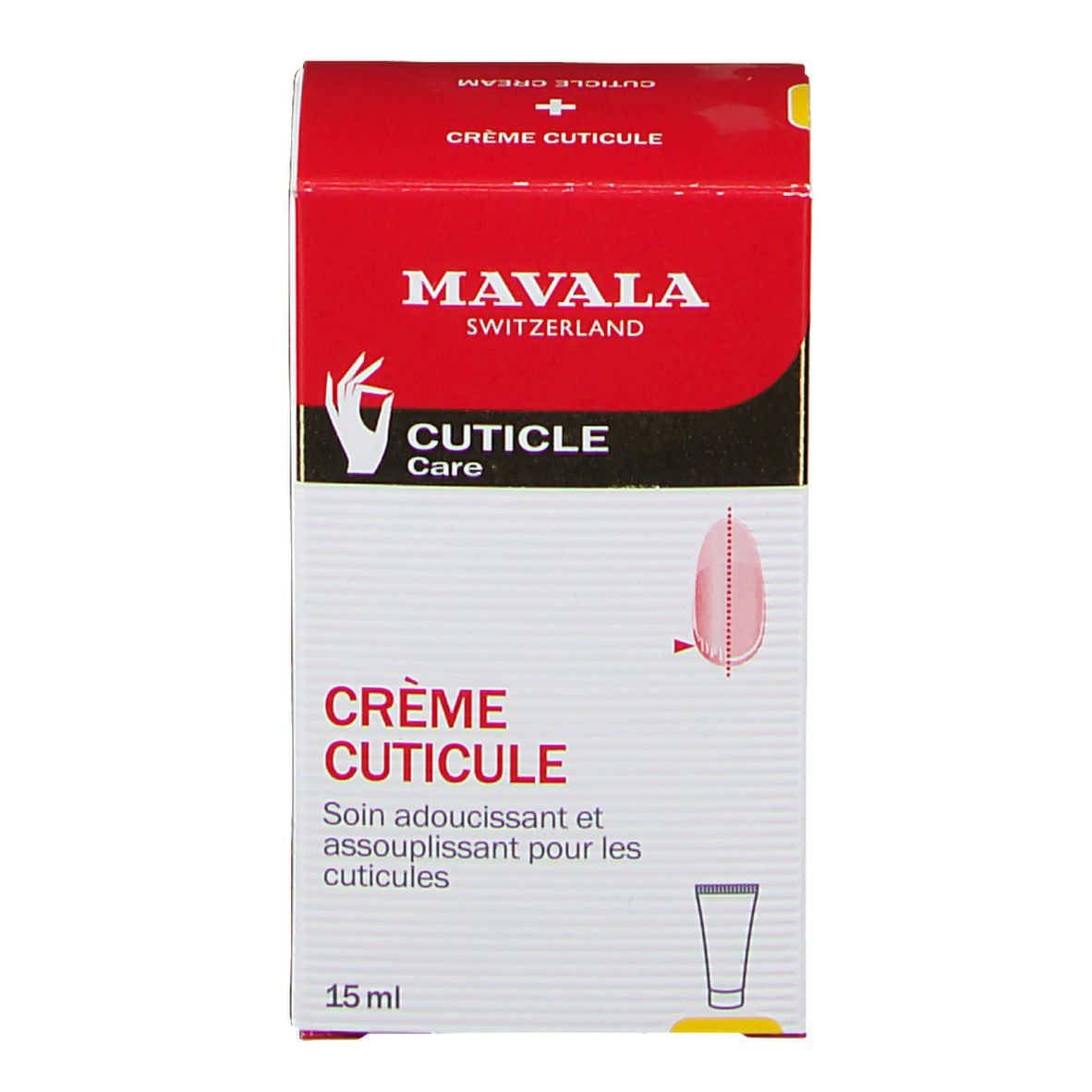 Rote Schachtel mit weisser Schrift: Mavala Cuticle Care. 15 ml. Produktabbildung.