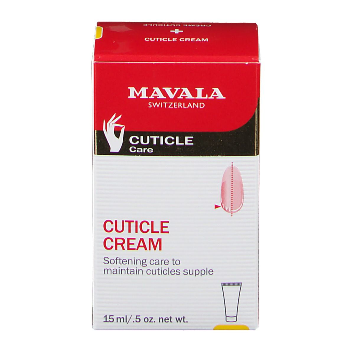 Rote Schachtel mit weisser Schrift: Cuticle Cream. 15 ml. Produktabbildung.