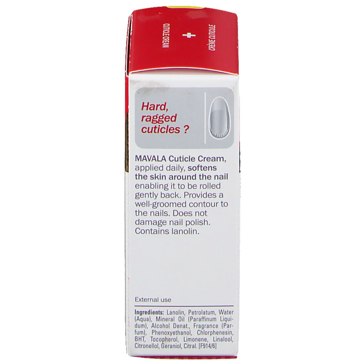 Rückseite der roten Schachtel. Text: Mavala Cuticle Cream. Inhaltsstoffe. Externe Anwendung.