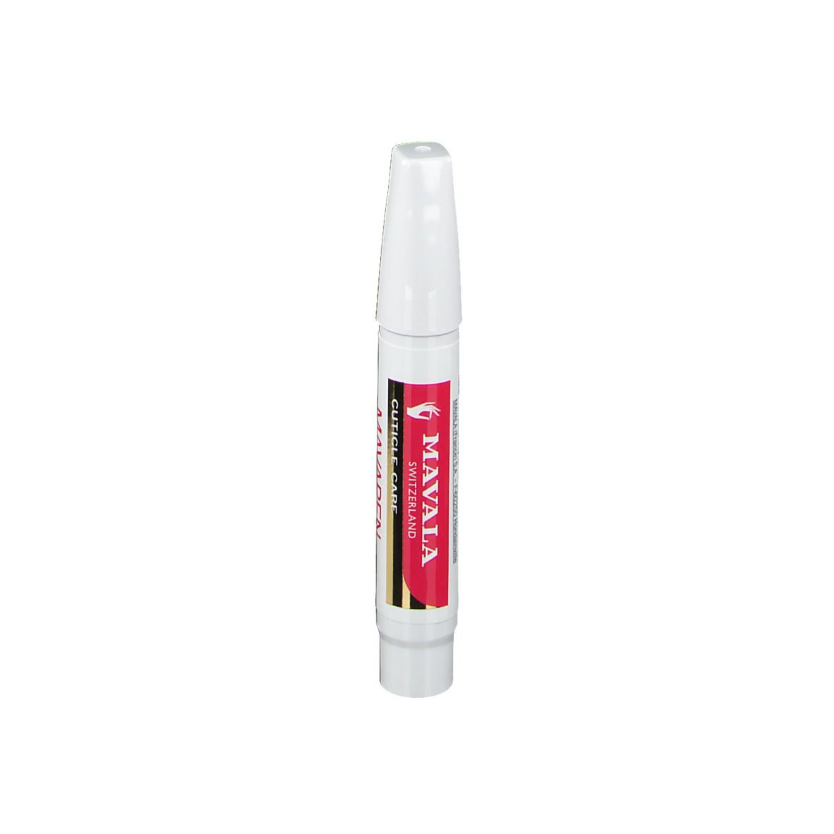 Weißer Stift mit rotem Streifen. Aufschrift: MAVALA SWITZERLAND, CUTICLE CARE.