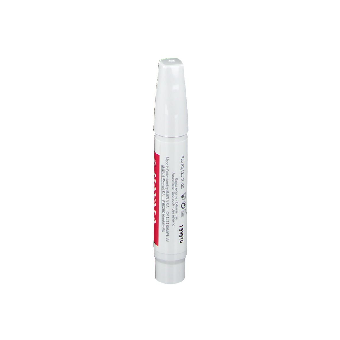 Weißer Stift mit rotem Streifen. Aufschrift: MAVALA SWITZERLAND, CUTICLE CARE.