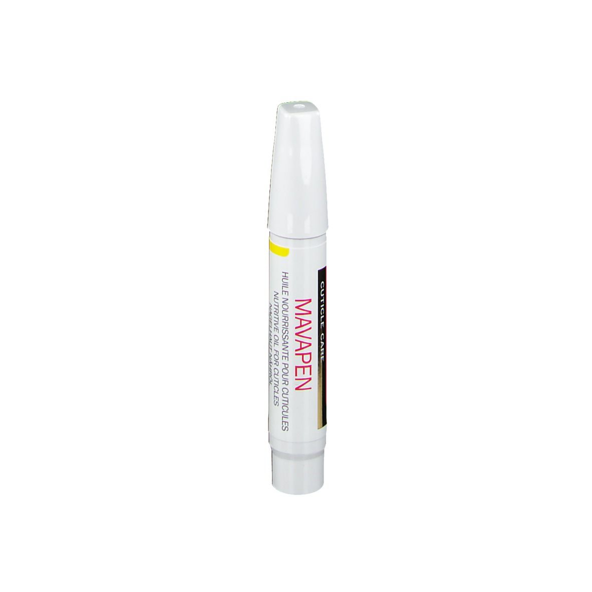 Weißer Stift mit gelbem Streifen. Aufschrift: NUTRIENT OIL FOR CUTICLES.