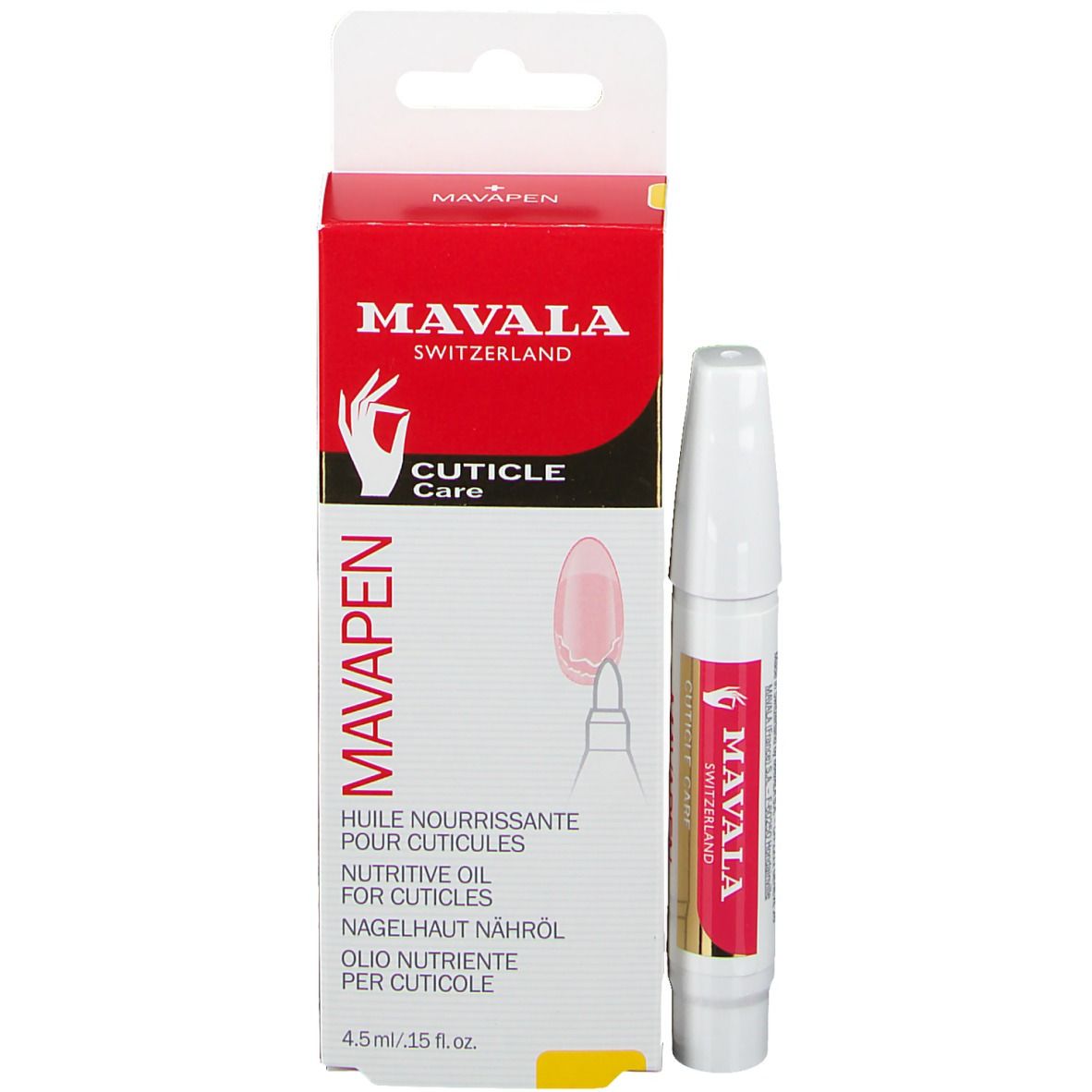 Produkt und Verpackung. Weißer Stift und rote Schachtel. Aufschrift: MAVALA, CUTICLE CARE.