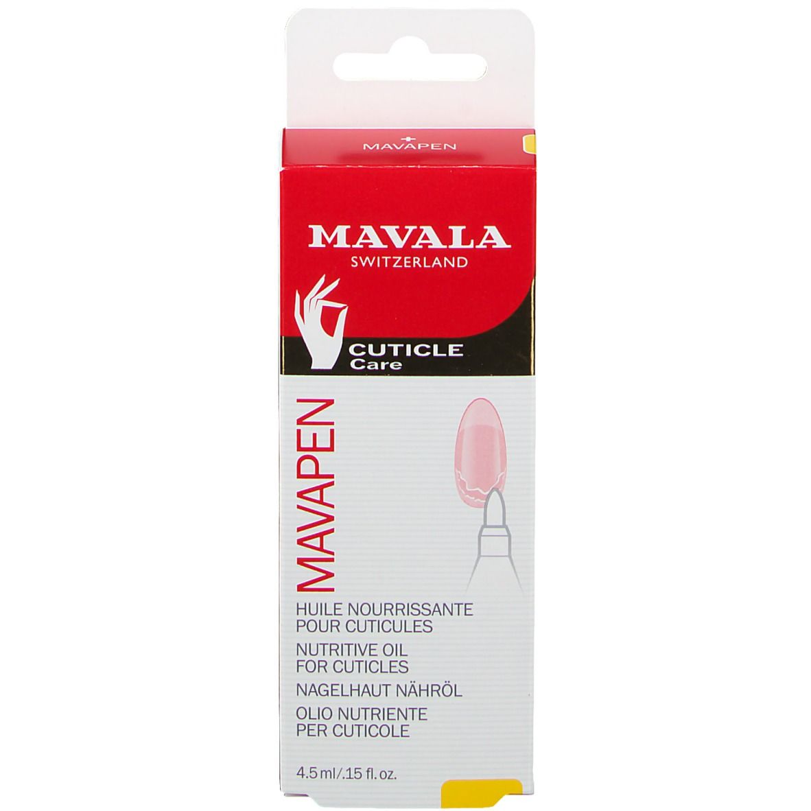 Produkt und Verpackung. Rote Schachtel mit weißem Stift. Aufschrift: MAVALA, CUTICLE CARE.