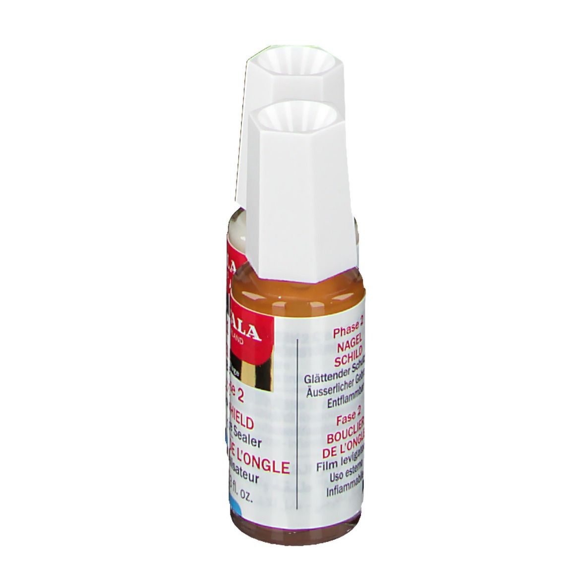 Mavala Nail Shield, deux flacons. Phase 2: Scellant protecteur. Liquide brun. Bouchon blanc. Étiquettes rouges et blanches.