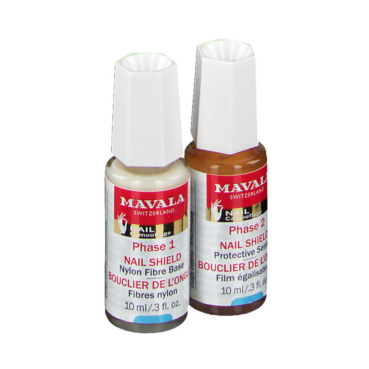 Deux flacons Mavala Nail Shield. Phase 1: Base fibre nylon. Phase 2: Scellant protecteur. Liquides blanc et brun.