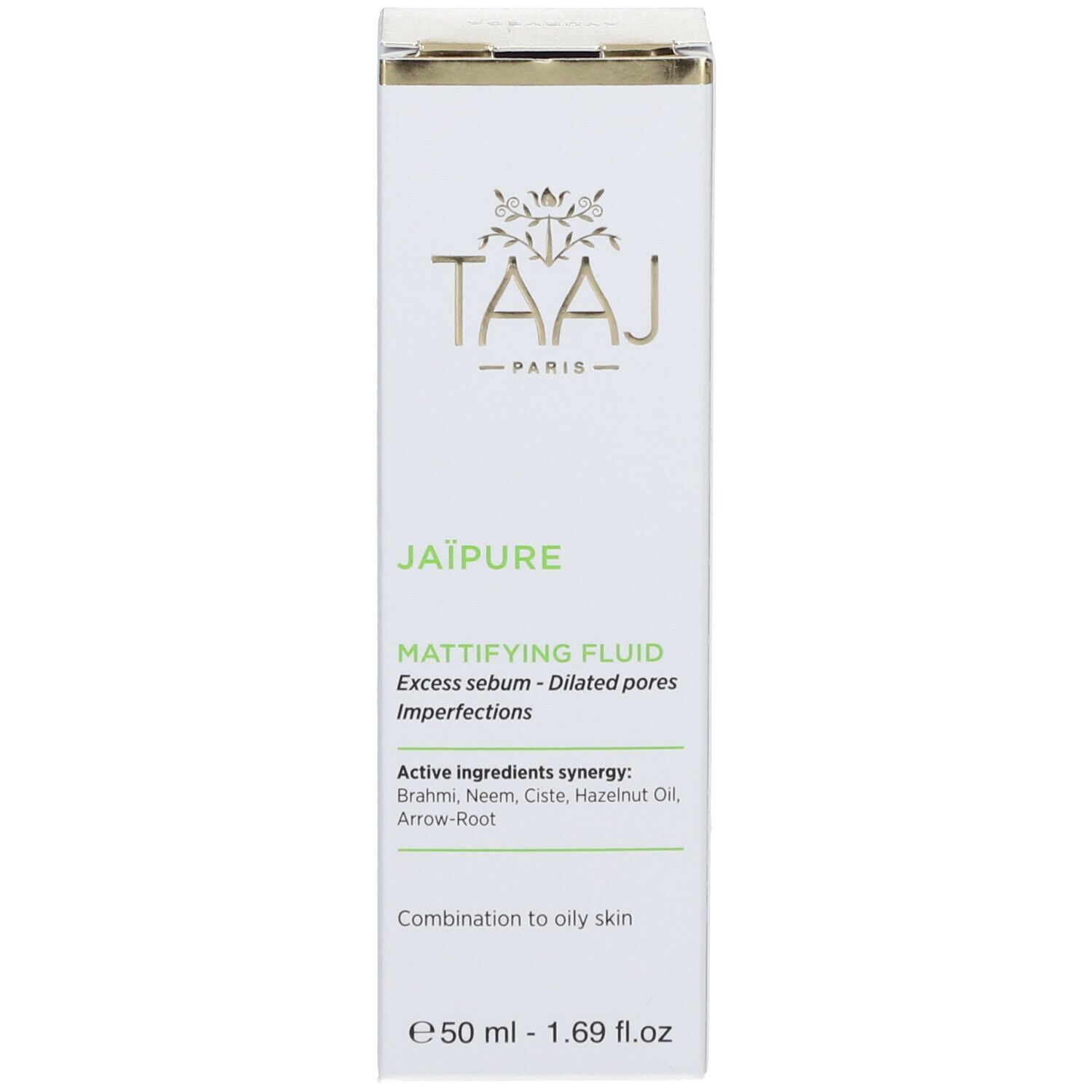 Face avant de la boîte avec logo TAAJ et nom Jaïpure. Texte : Fluide Matifiant, pour peaux mixtes à grasses.