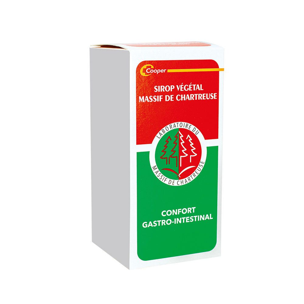 Boîte blanche avec design rouge et vert. Texte: SIROP VÉGÉTAL DU MASSIF DE CHARTREUSE, Confort gastro-intestinal.