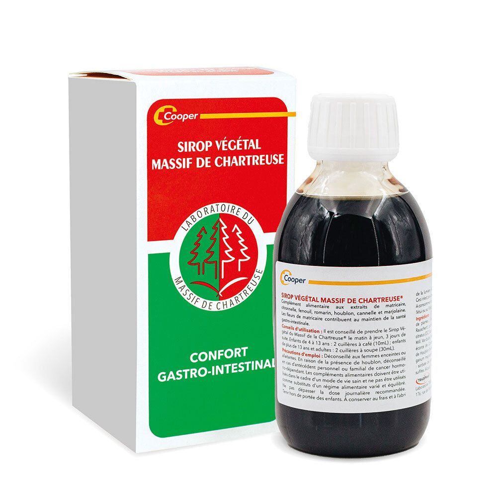 Bouteille et boîte du produit. Bouteille avec liquide brun. Boîte avec design rouge et vert. Texte: SIROP VÉGÉTAL.