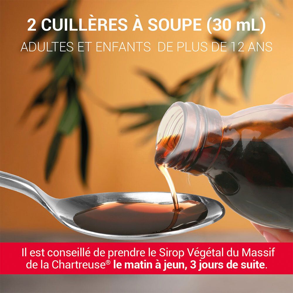 Cuillère avec liquide brun. Texte: 2 CUILLES À SOUPE (30 ml). Texte: Il est conseillé de prendre le Sirop Végétal du Massif de la Chartreuse.